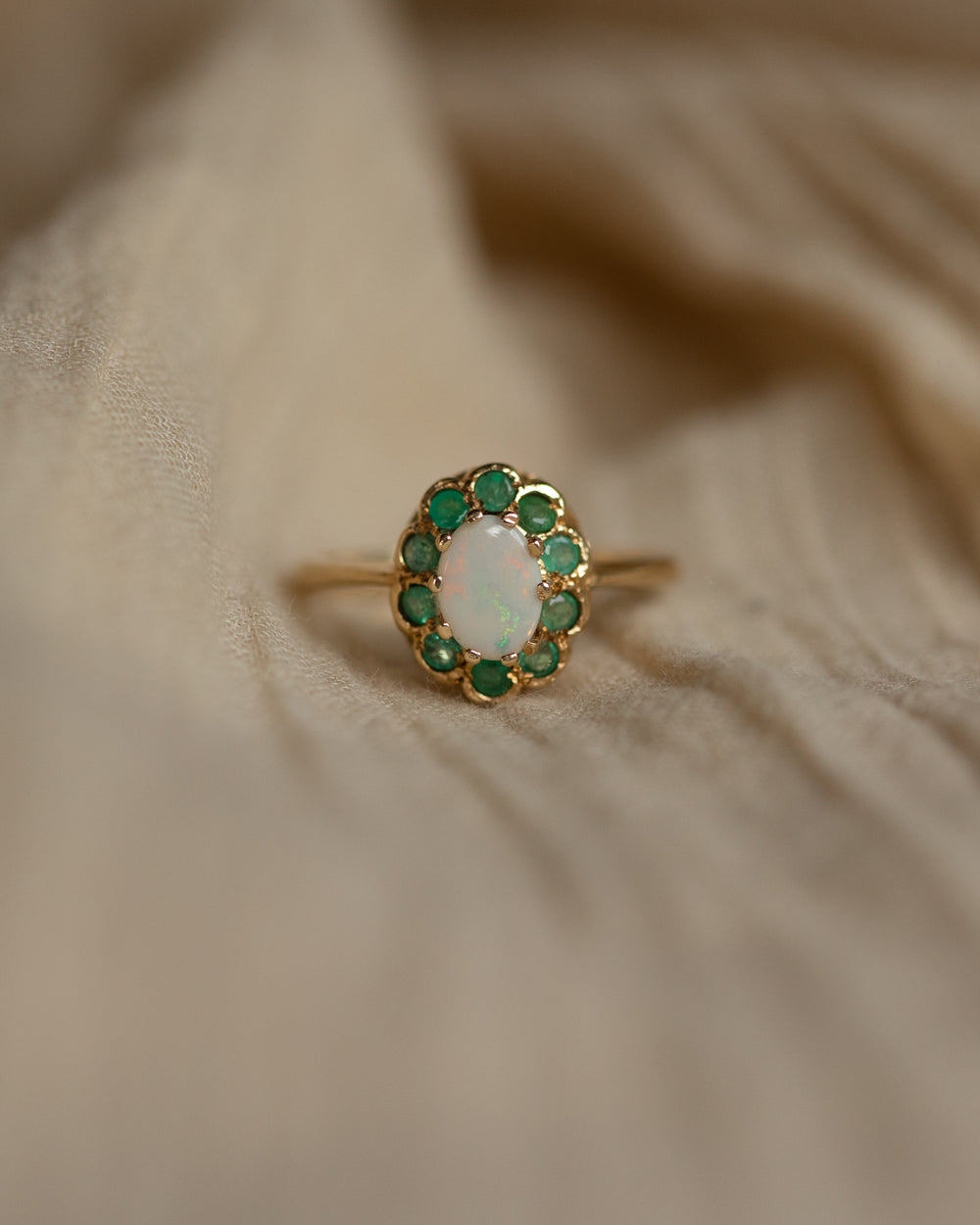 August 1979 Vintage 9ct Gold Opal & Emerald Cluster Ring