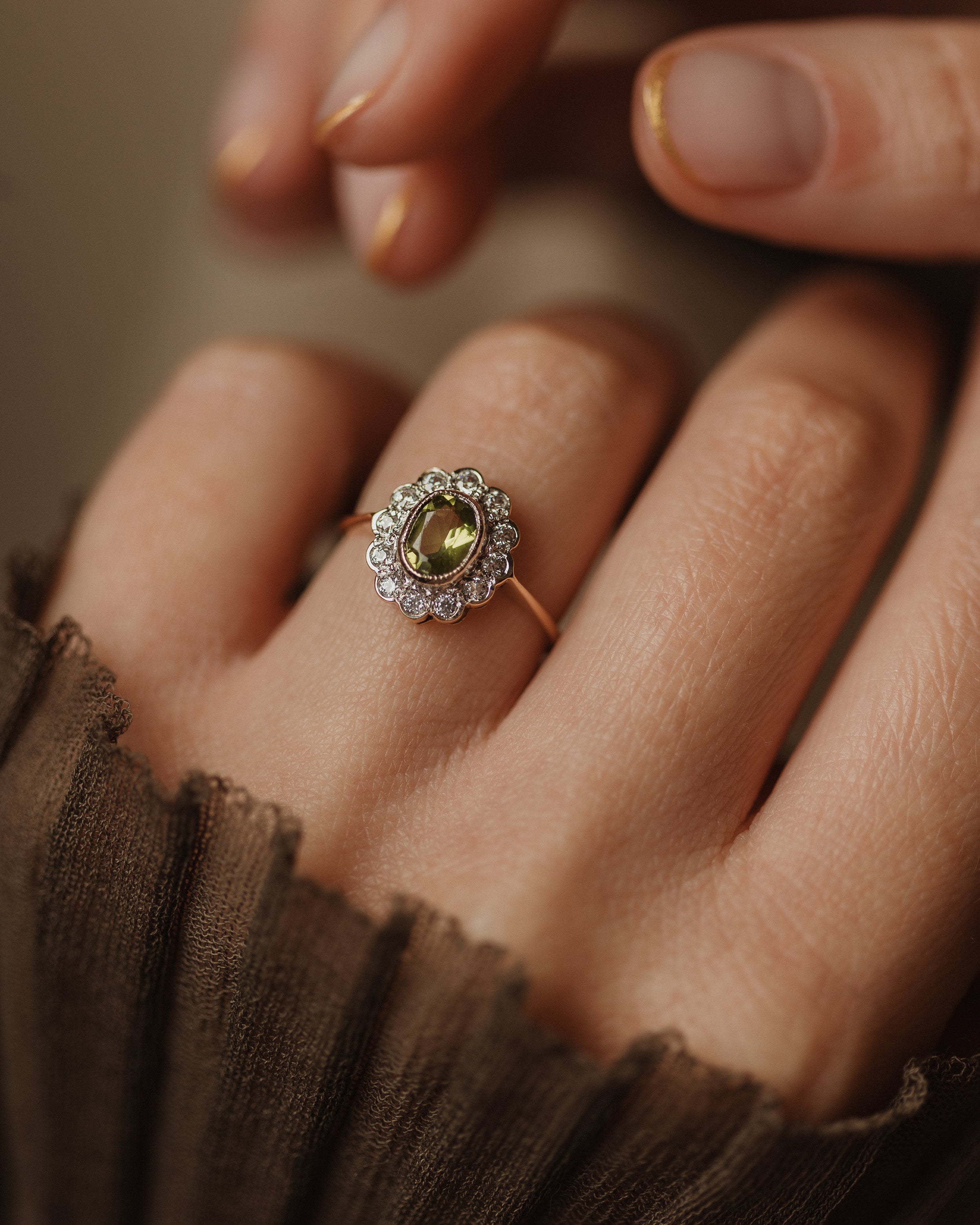 Image of Alice 1991 Vintage 9ct Gold Peridot & Diamond Cluster Ring