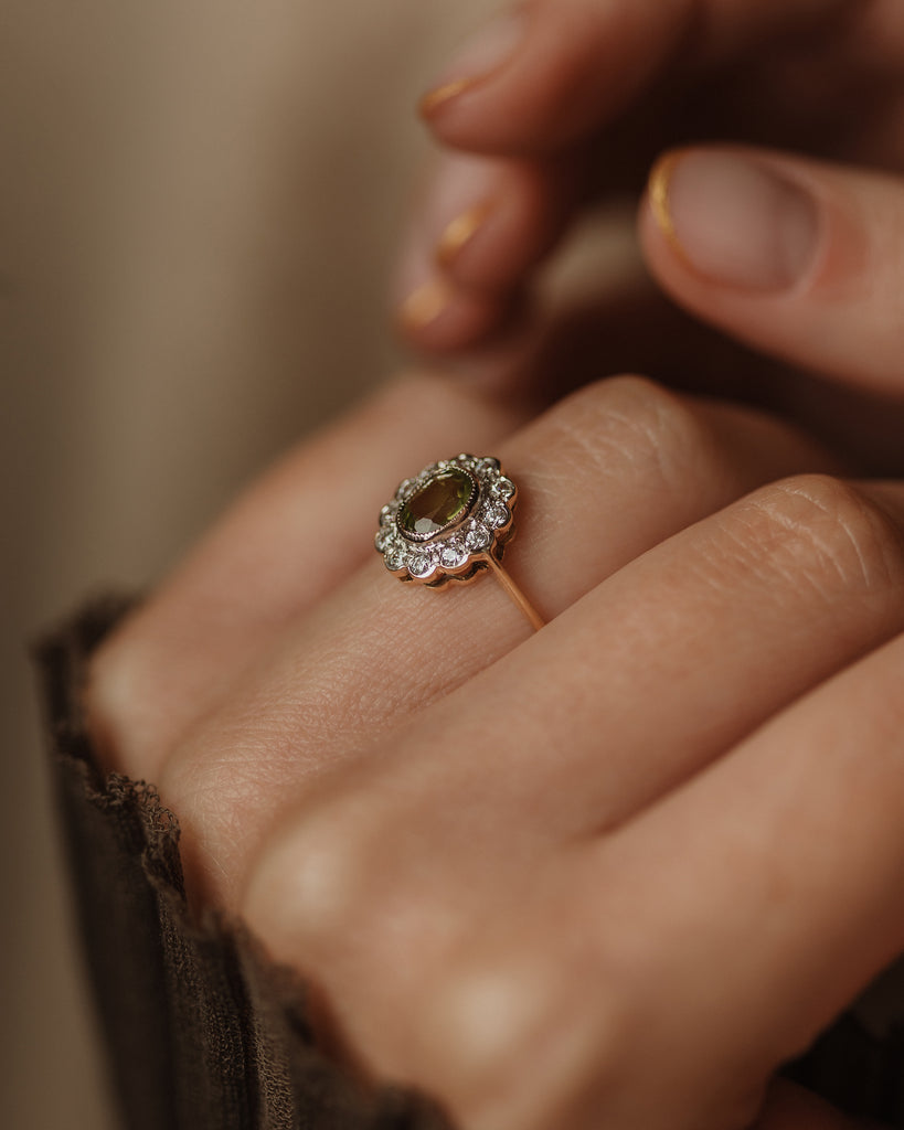 Alice 1991 Vintage 9ct Gold Peridot & Diamond Cluster Ring