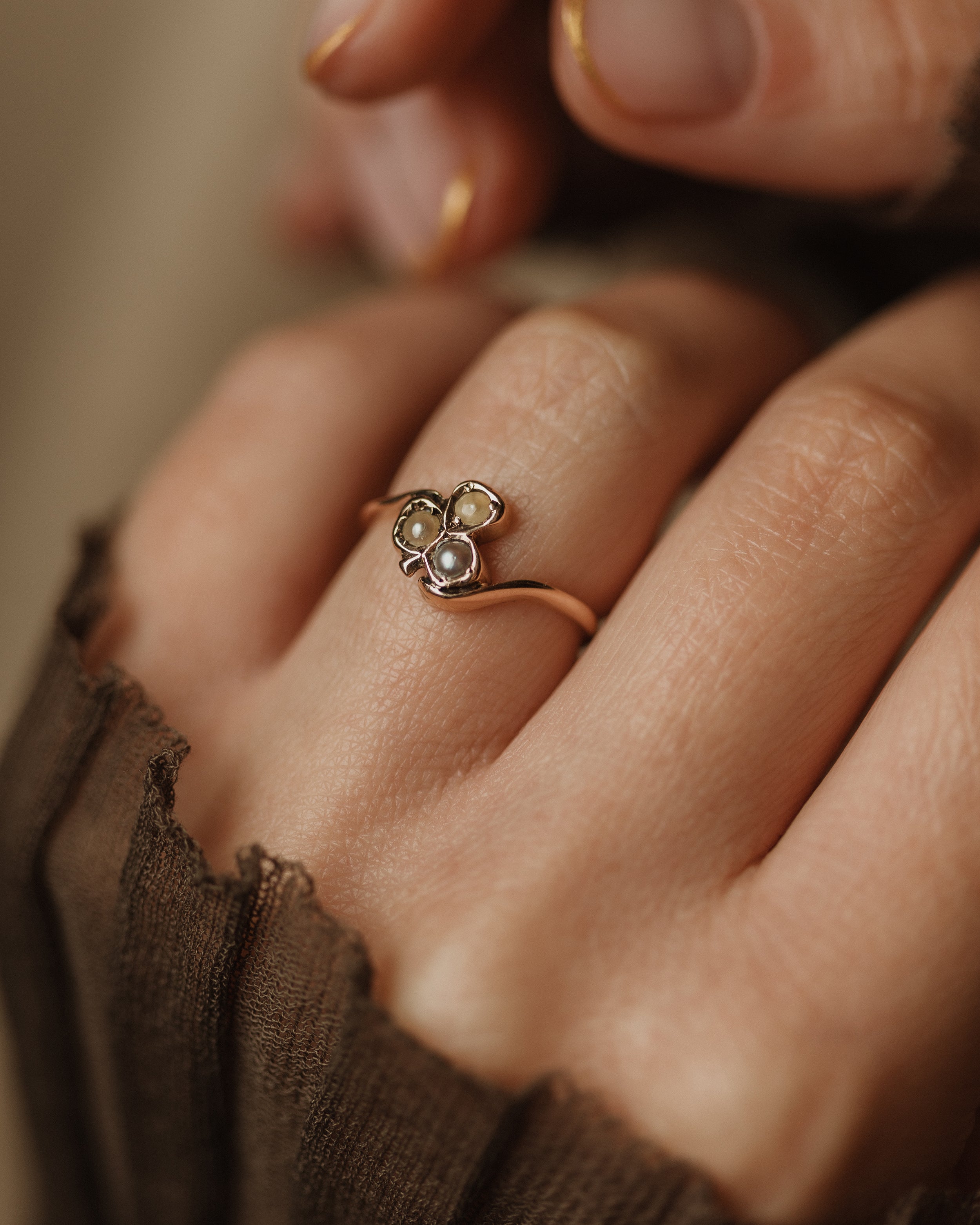 Image of Maud Antique 9ct Gold Pearl Clover Ring