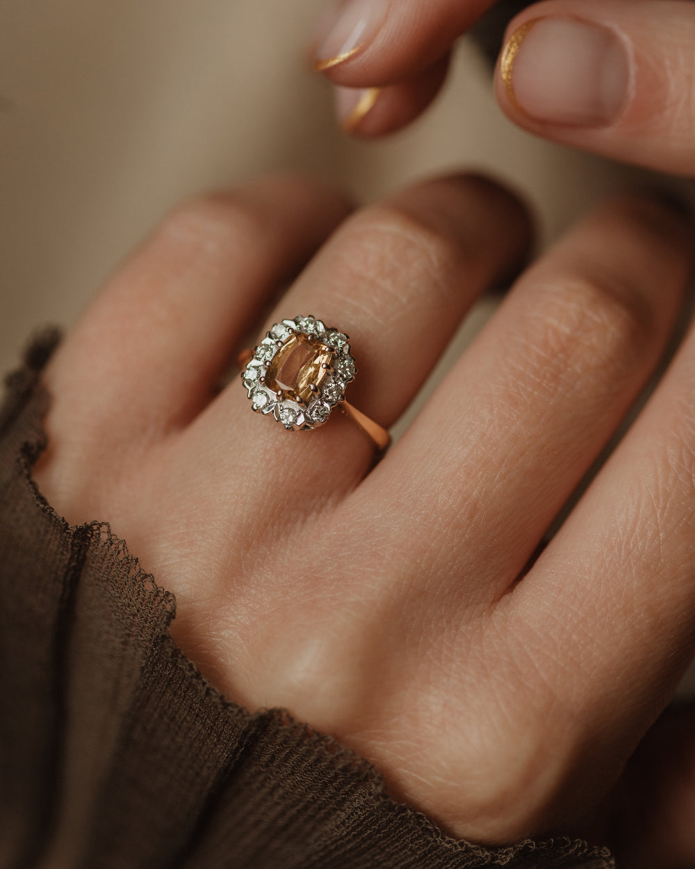 Hortense 1974 Vintage 18ct Gold Citrine & Diamond Cluster Ring