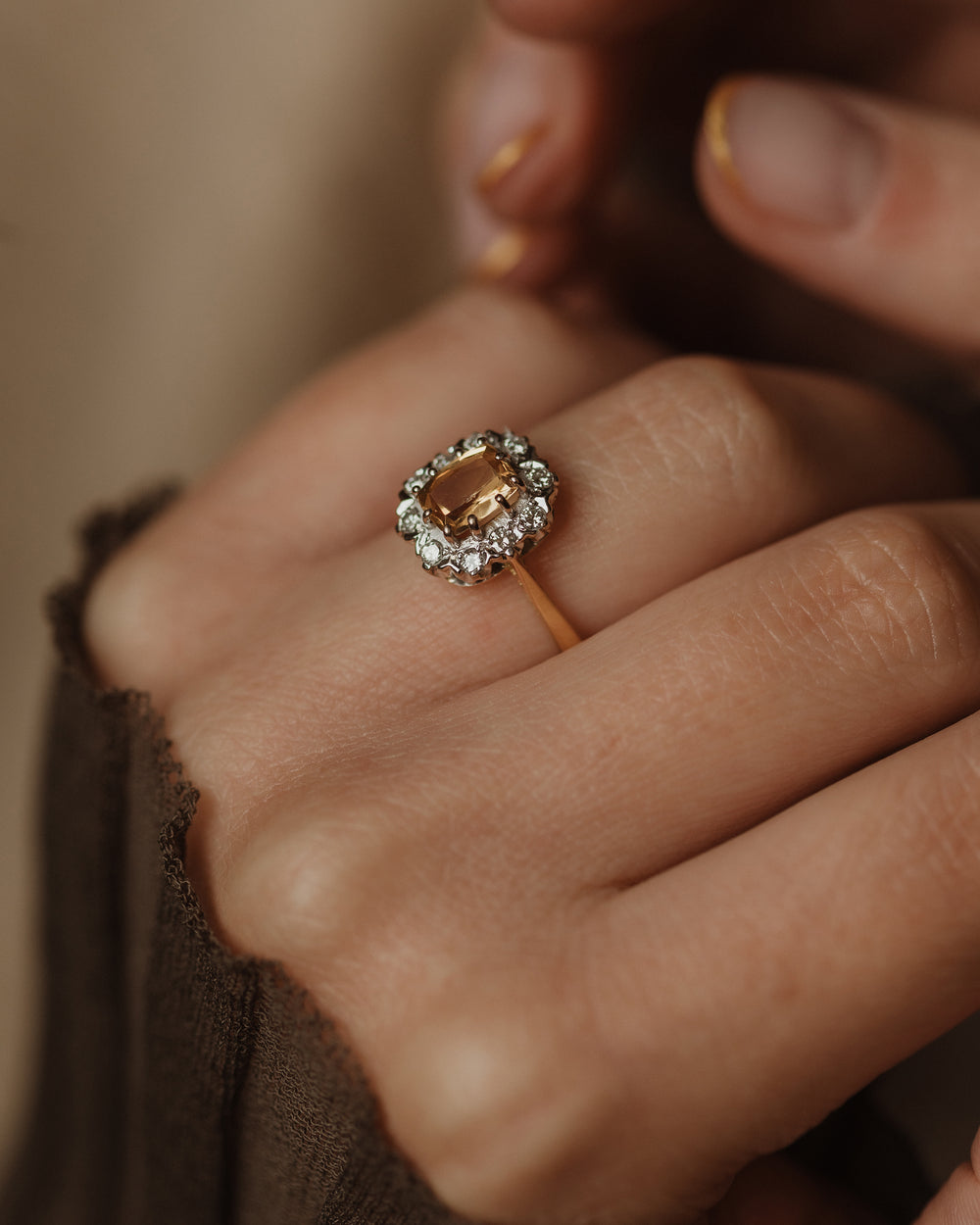 Hortense 1974 Vintage 18ct Gold Citrine & Diamond Cluster Ring