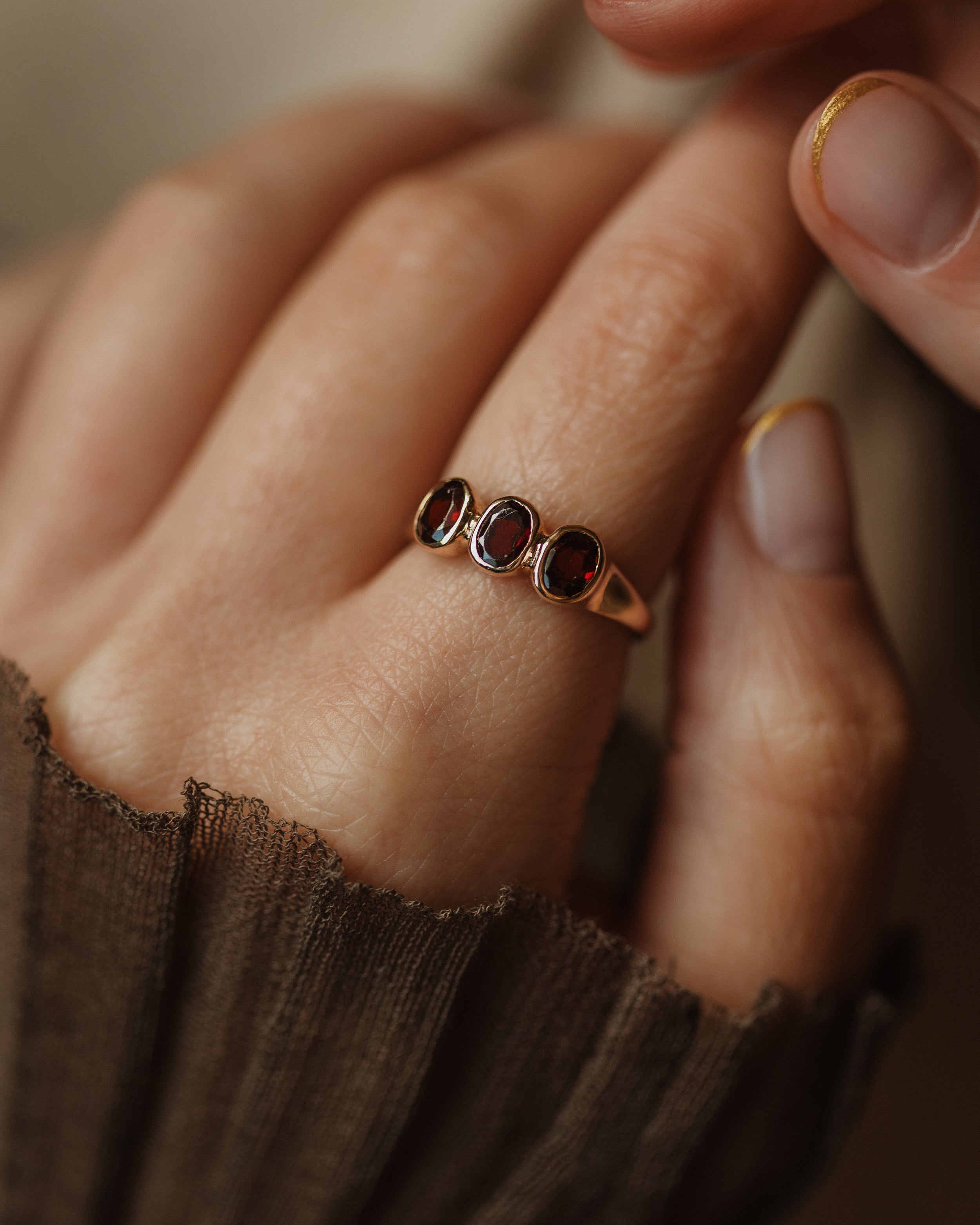 Image of Betina Antique 9ct Gold Garnet Trilogy Ring