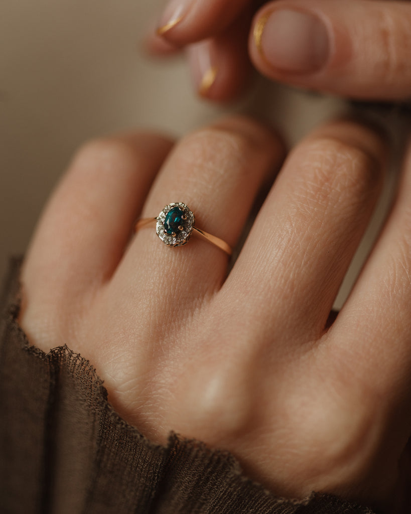 Peggy Vintage 9ct Gold Blue Topaz & Diamond Cluster Ring