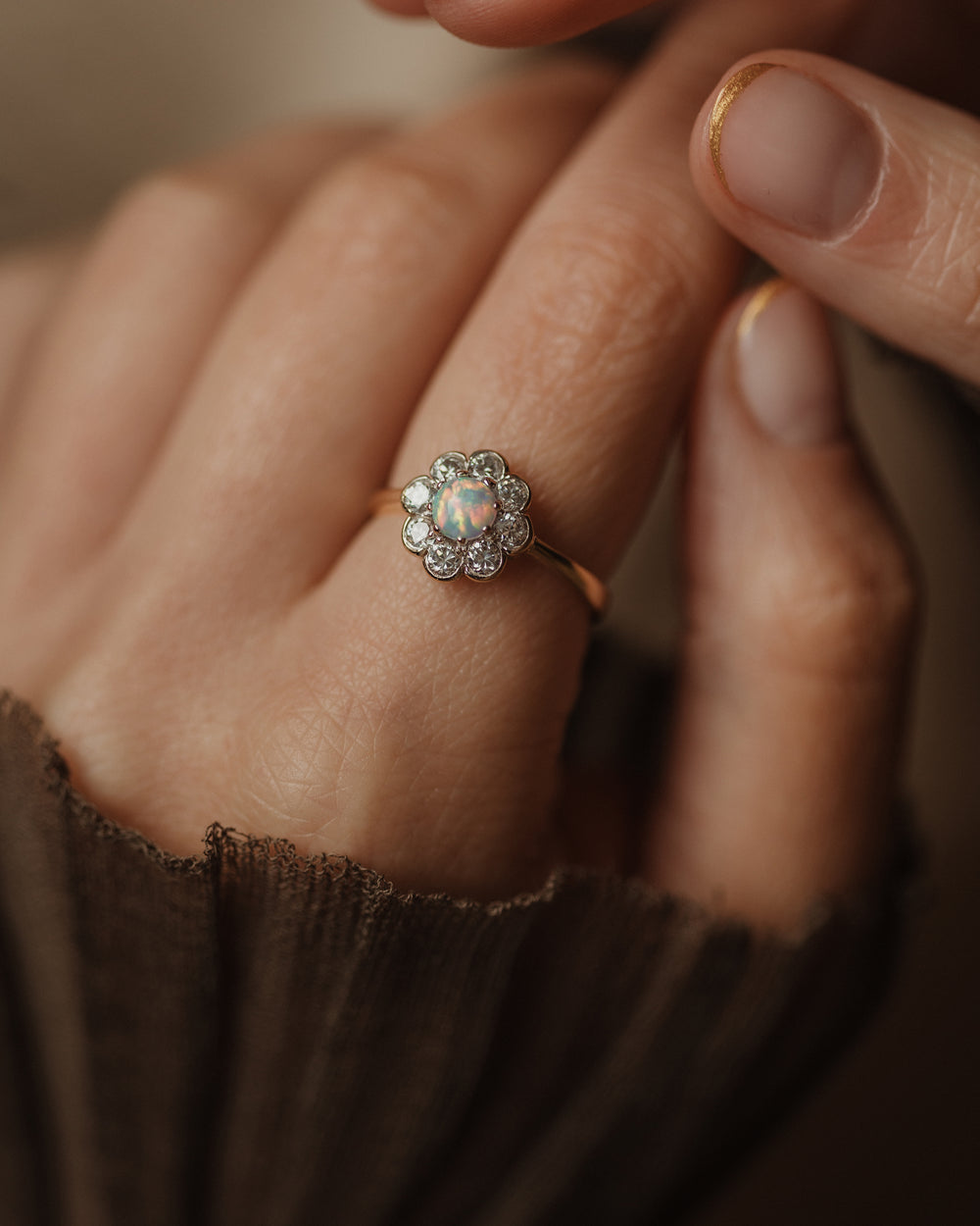 Ruthie Vintage 9ct Gold Opal & CZ Flowerhead Cluster Ring