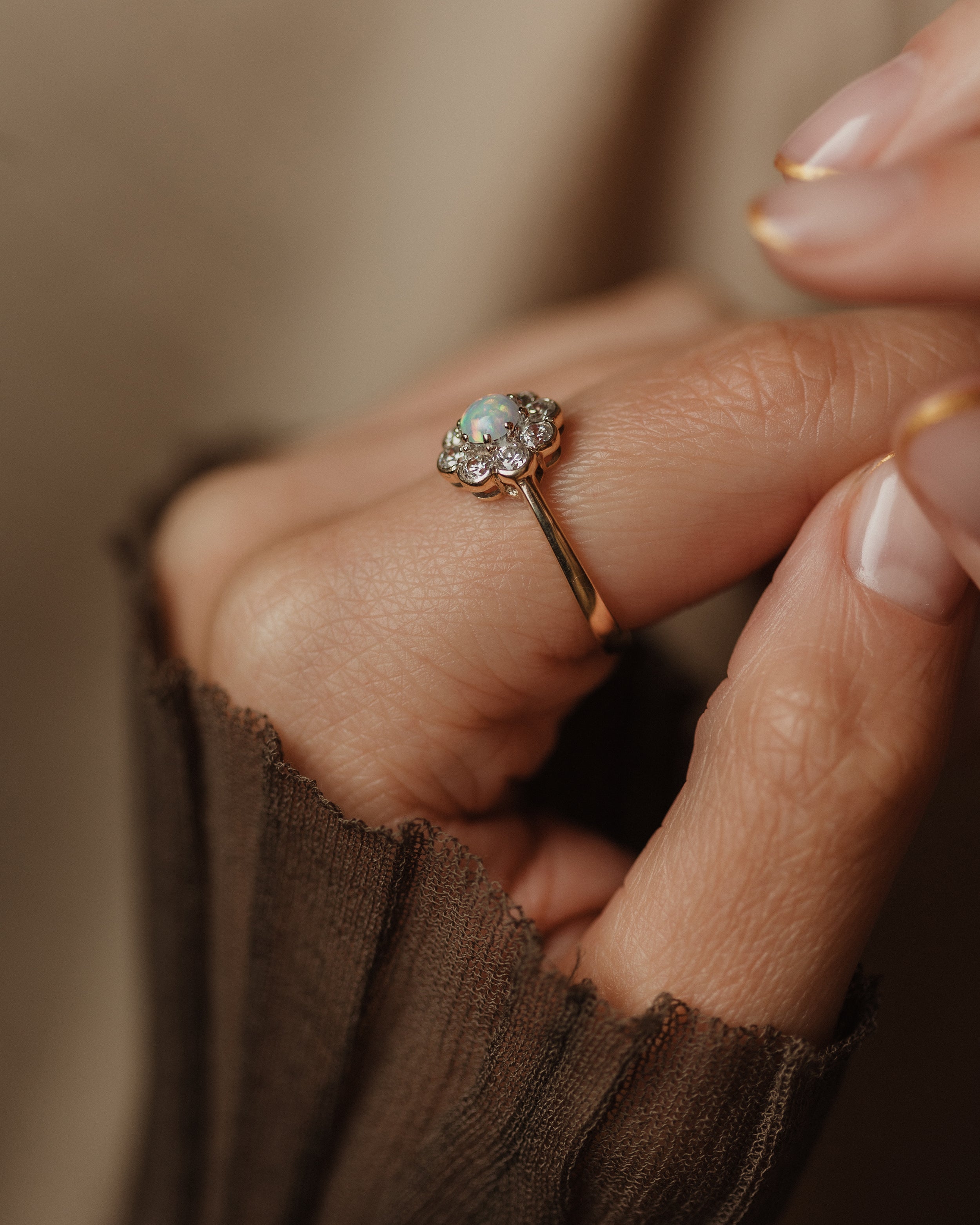 Ruthie Vintage 9ct Gold Opal & CZ Flowerhead Cluster Ring