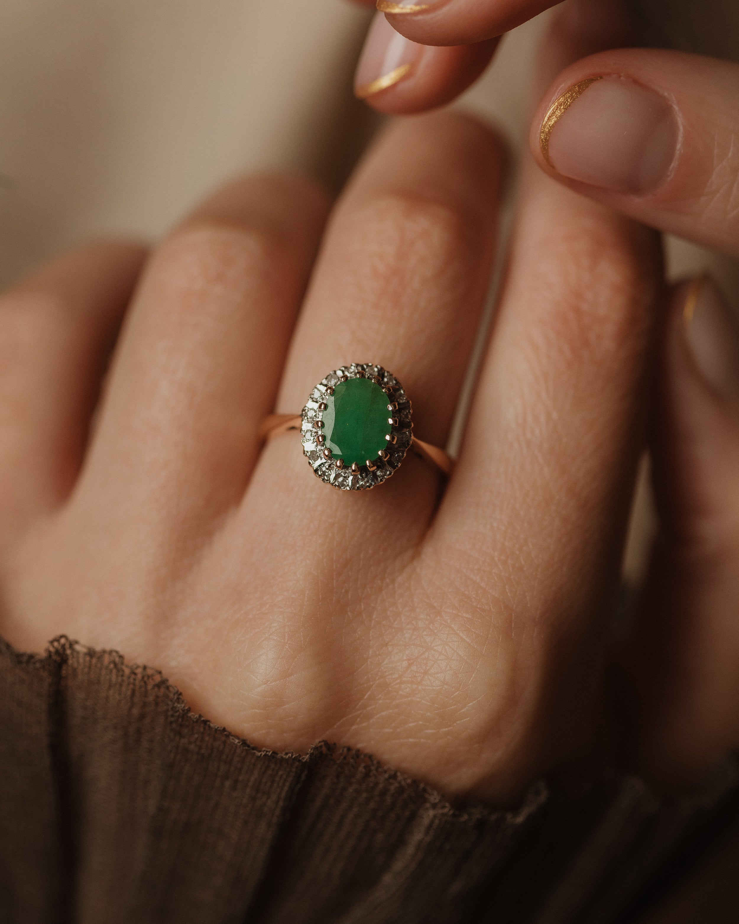 Image of Camille 1985 Vintage 9ct Gold Emerald & Diamond Cluster Ring