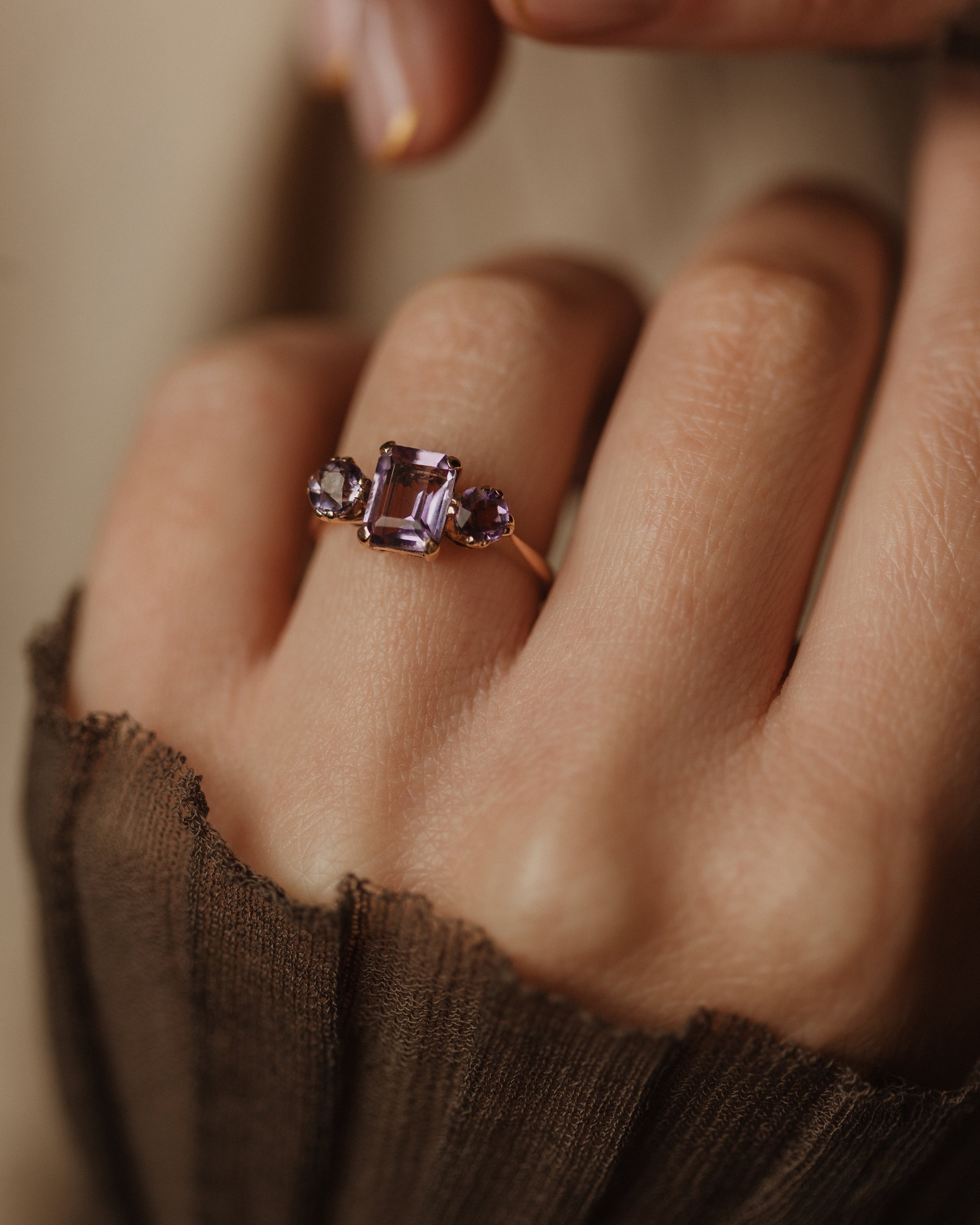 Image of Prudence 1966 Vintage 9ct Gold Amethyst Trilogy Ring