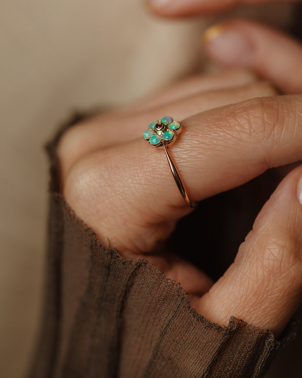 Rosa Vintage 9ct Gold Ruby & Opal Daisy Cluster Ring