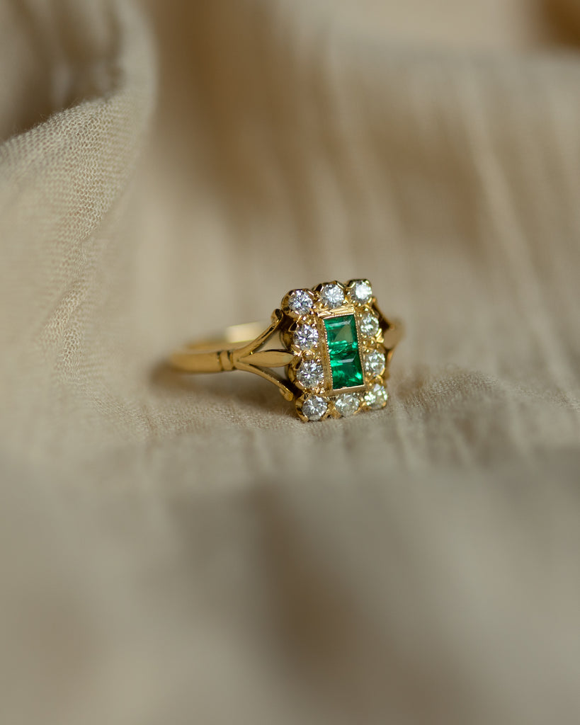 Florence Vintage 18ct Gold Emerald & Diamond Cluster Ring