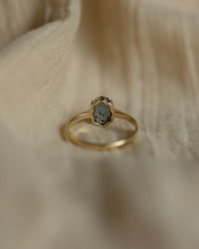 Peggy Vintage 9ct Gold Blue Topaz & Diamond Cluster Ring