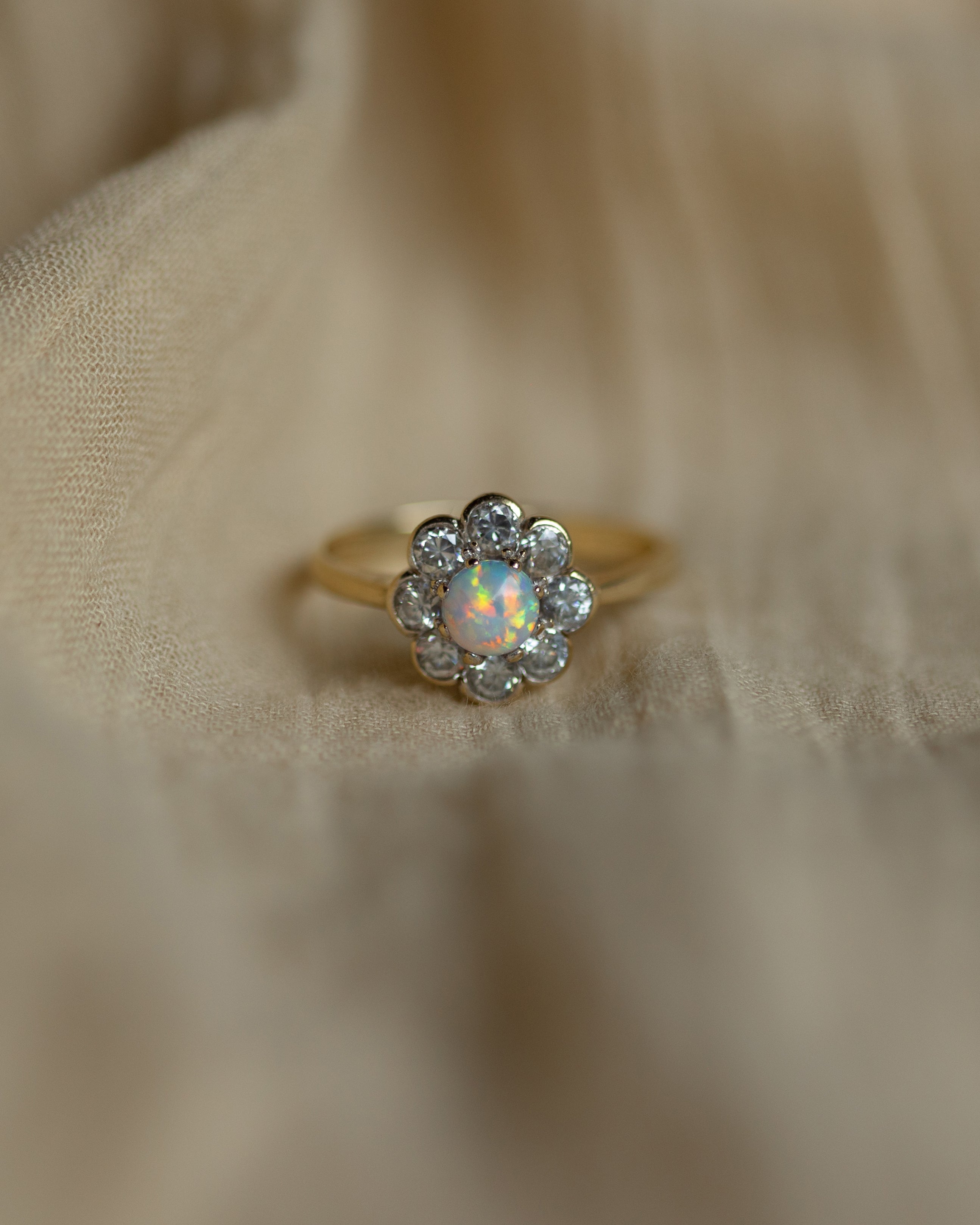 Ruthie Vintage 9ct Gold Opal & CZ Flowerhead Cluster Ring