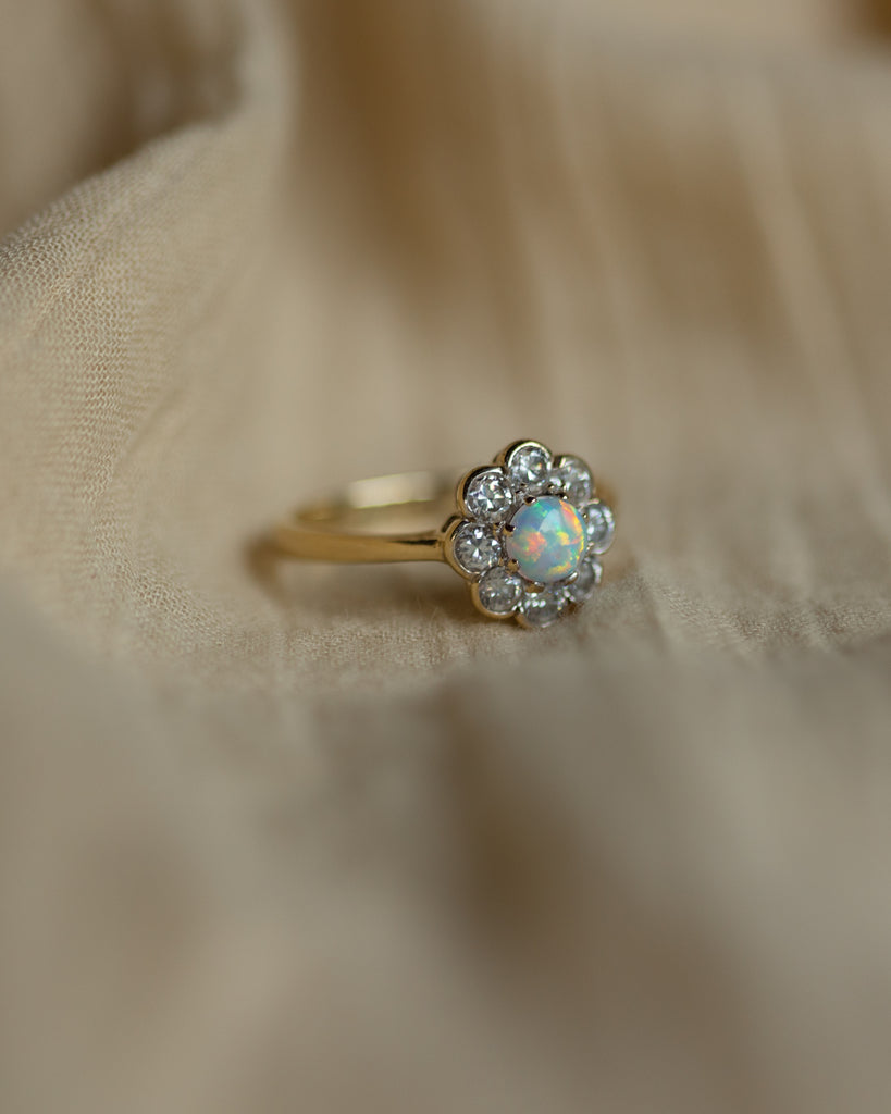 Ruthie Vintage 9ct Gold Opal & CZ Flowerhead Cluster Ring