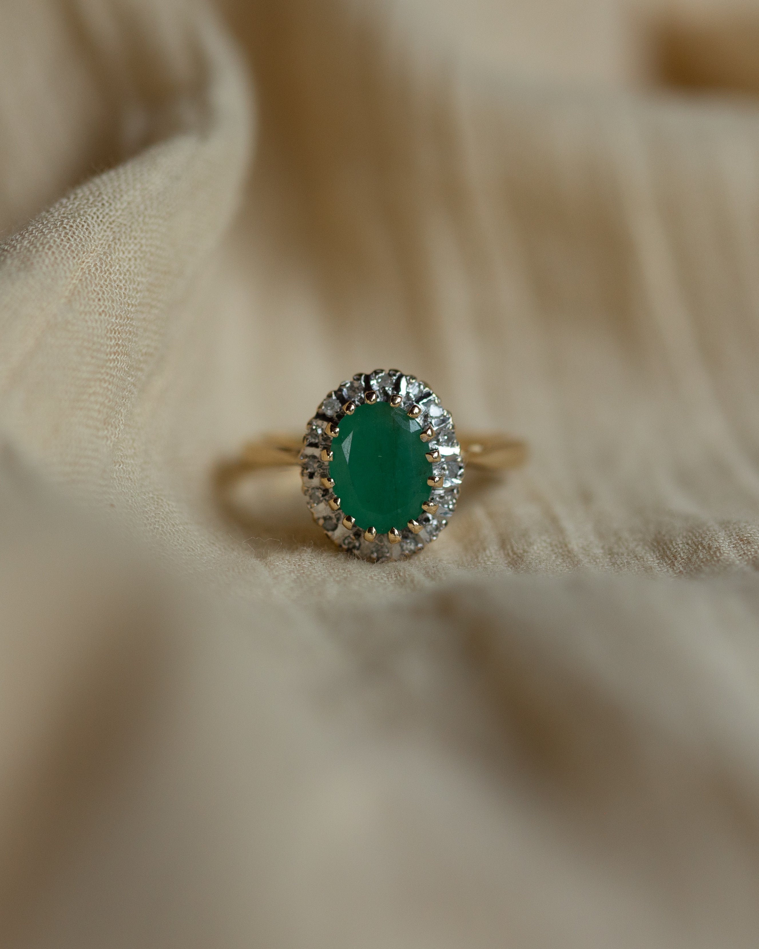 Camille 1985 Vintage 9ct Gold Emerald & Diamond Cluster Ring