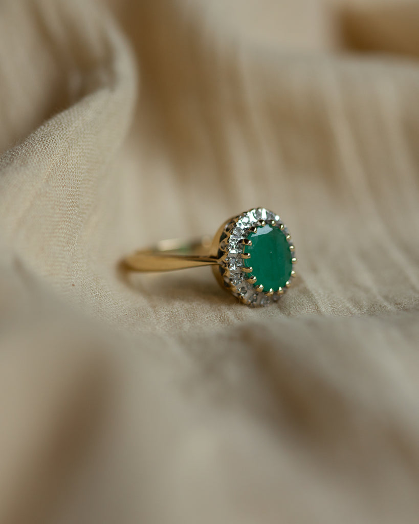 Camille 1985 Vintage 9ct Gold Emerald & Diamond Cluster Ring