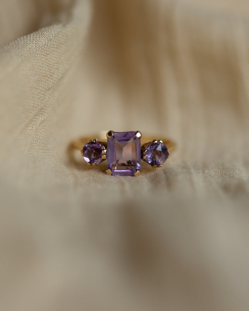 Prudence 1966 Vintage 9ct Gold Amethyst Trilogy Ring