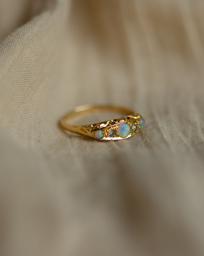 Brunhilda 1918 Antique 18ct Gold Opal & Diamond Five Stone Ring