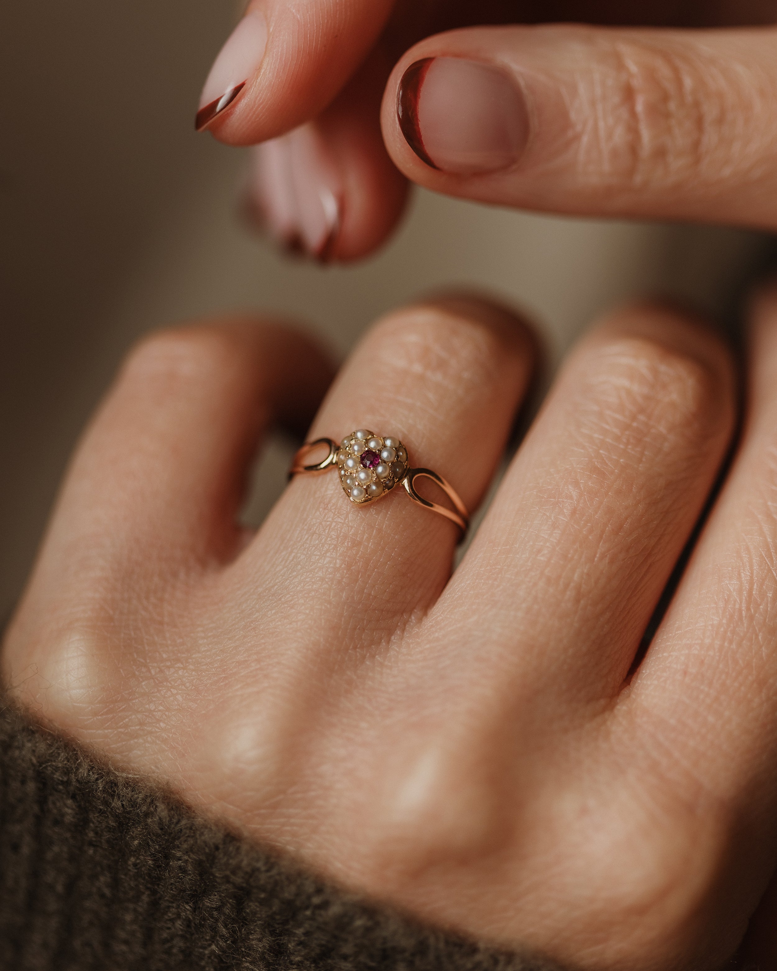 Elodie Antique 15ct Gold Garnet & Pearl Heart-Shaped Cluster Ring