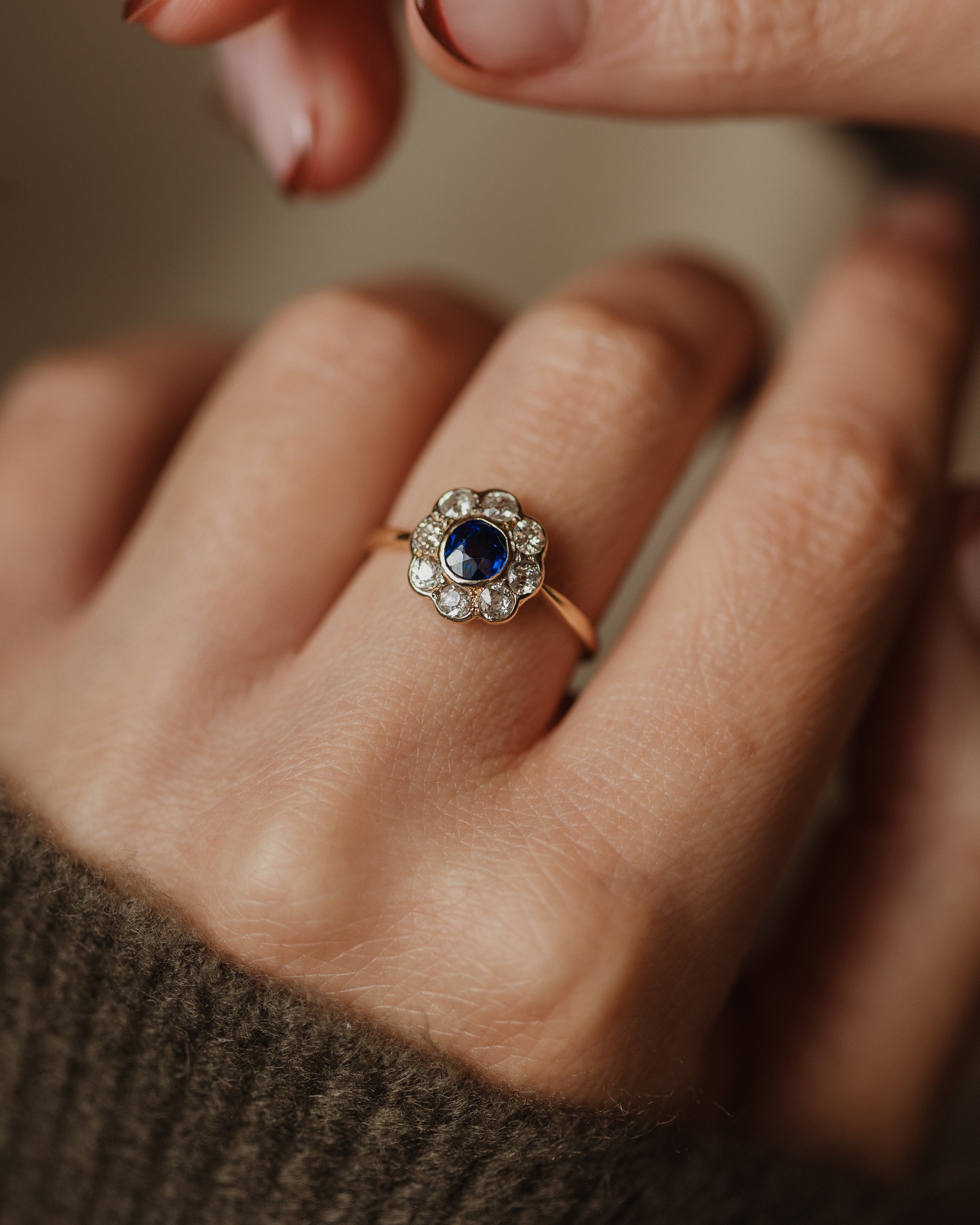 Manon Antique 14ct Gold Sapphire & Diamond Flowerhead Cluster Ring