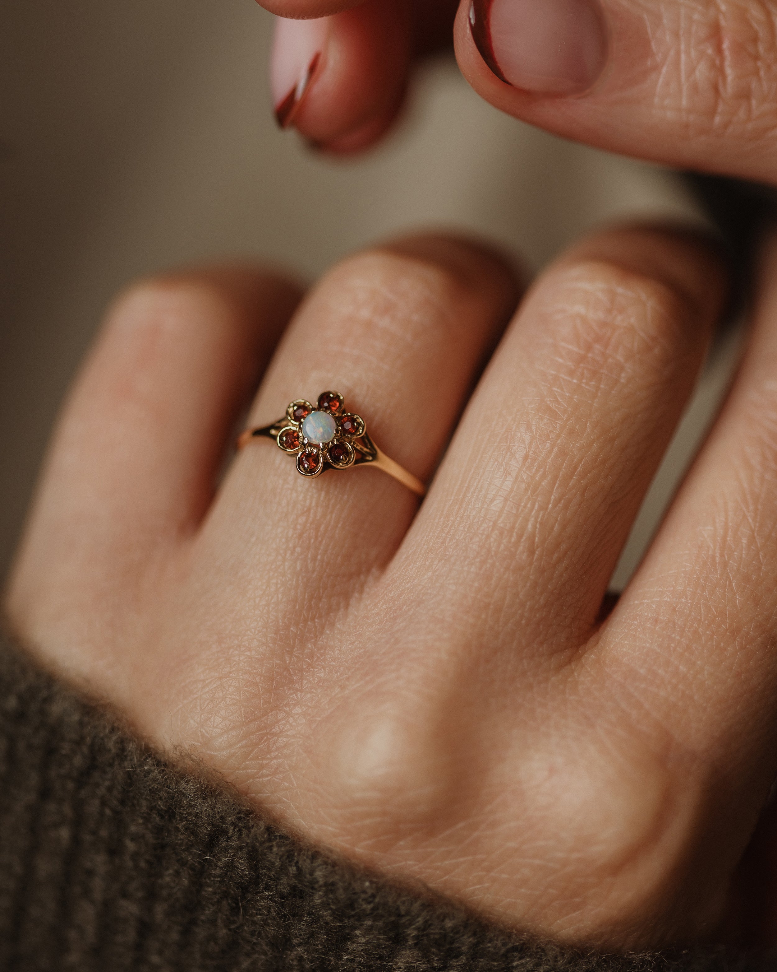 Image of Livia 1976 Vintage 9ct Gold Opal & Garnet Flowerhead Cluster Ring