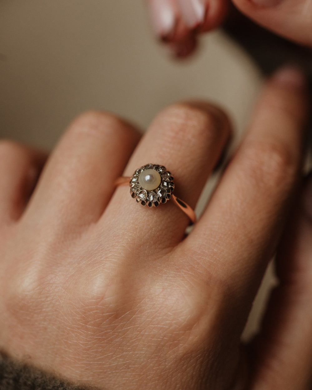 Ethel Antique 14ct Gold Pearl & Diamond Flowerhead Cluster Ring