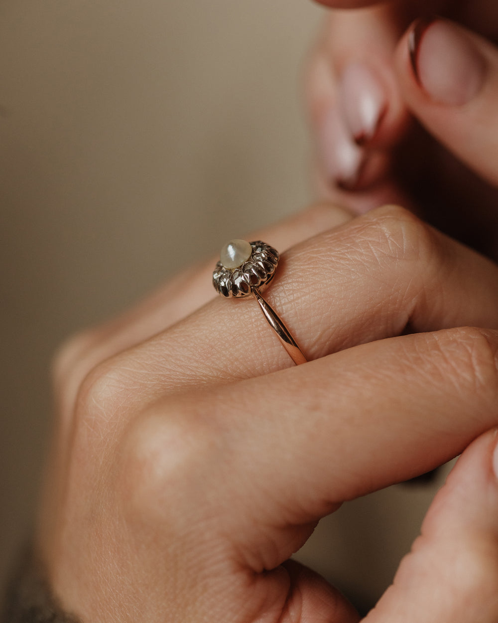 Ethel Antique 14ct Gold Pearl & Diamond Flowerhead Cluster Ring