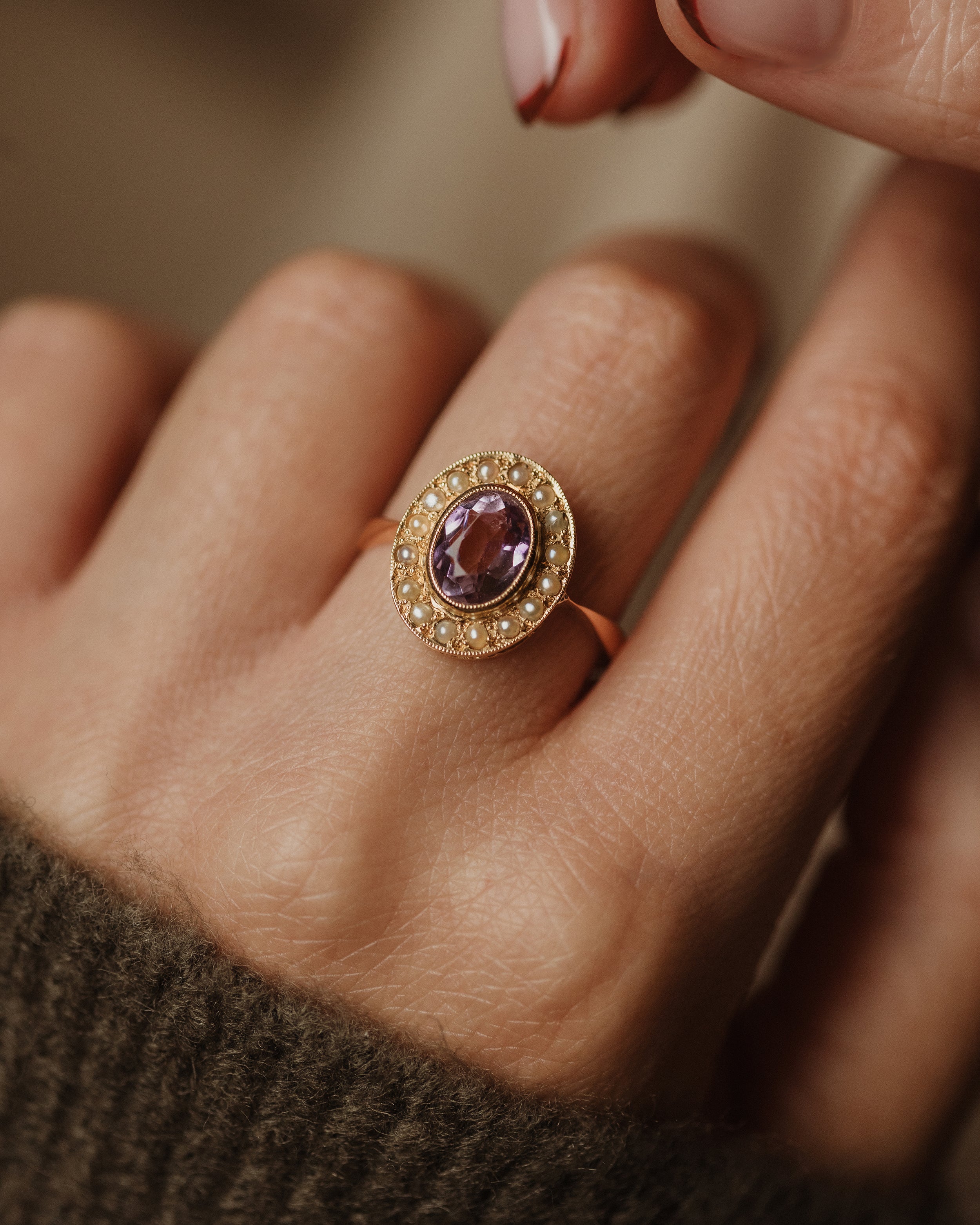 Marigold Antique 18ct Gold Amethyst & Pearl Cluster Ring