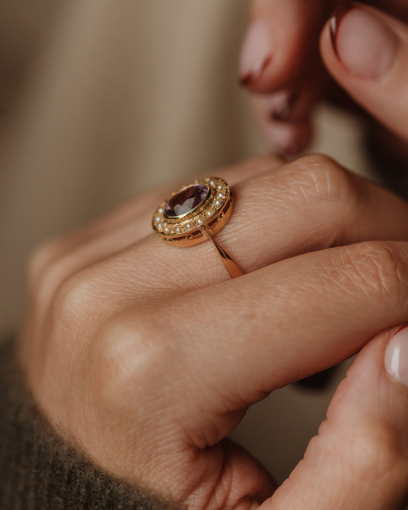 Marigold Antique 18ct Gold Amethyst & Pearl Cluster Ring