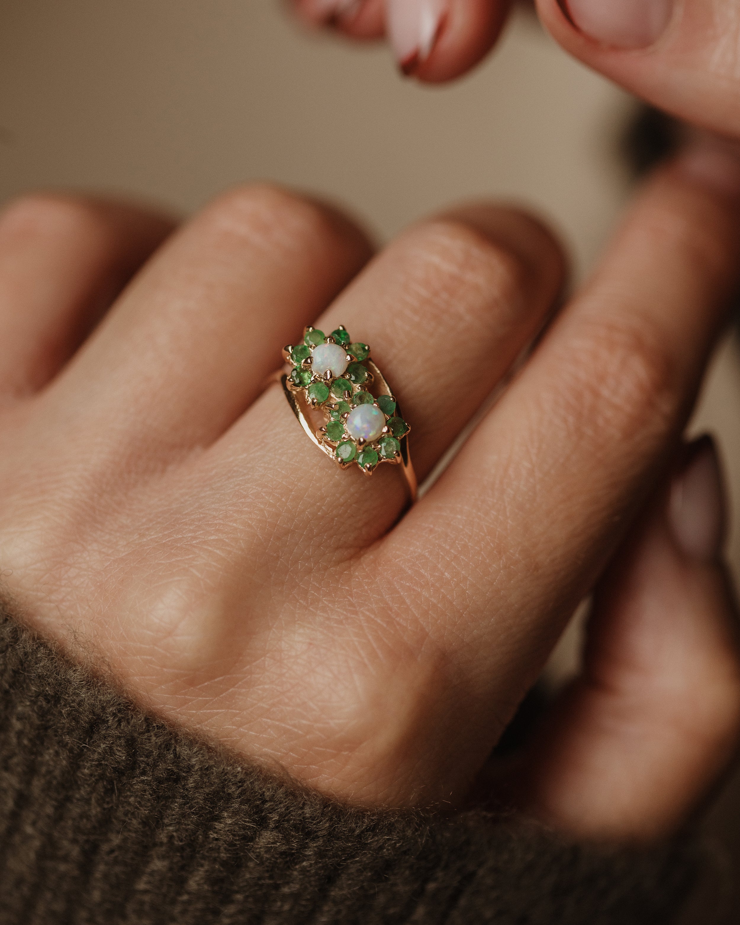 Image of Ina 1977 Vintage 9ct Gold Opal & Emerald Toi Et Moi Cluster Ring