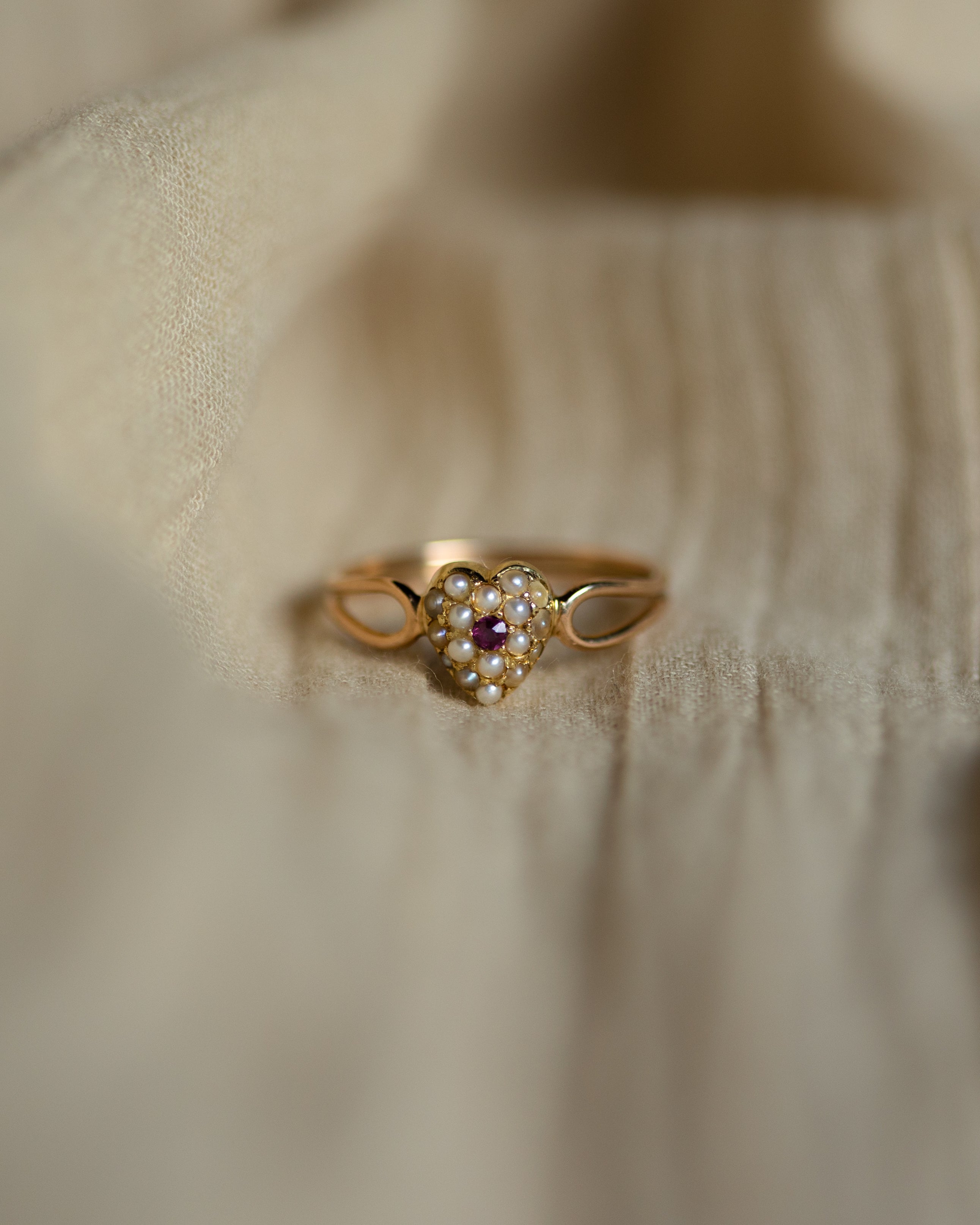 Image of Elodie Antique 15ct Gold Garnet & Pearl Heart-Shaped Cluster Ring