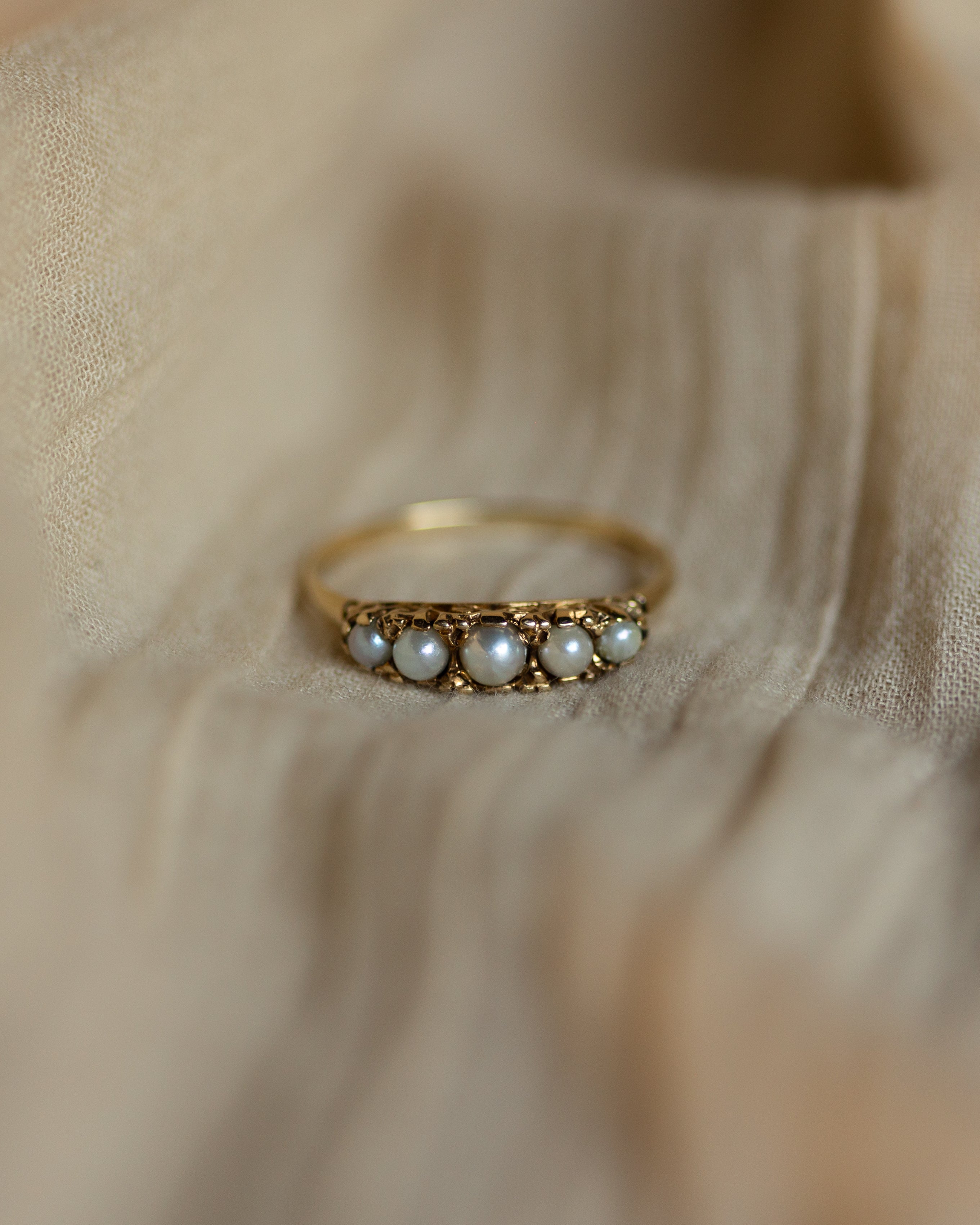 Image of Bessie Vintage 9ct Gold Pearl Five Stone Ring