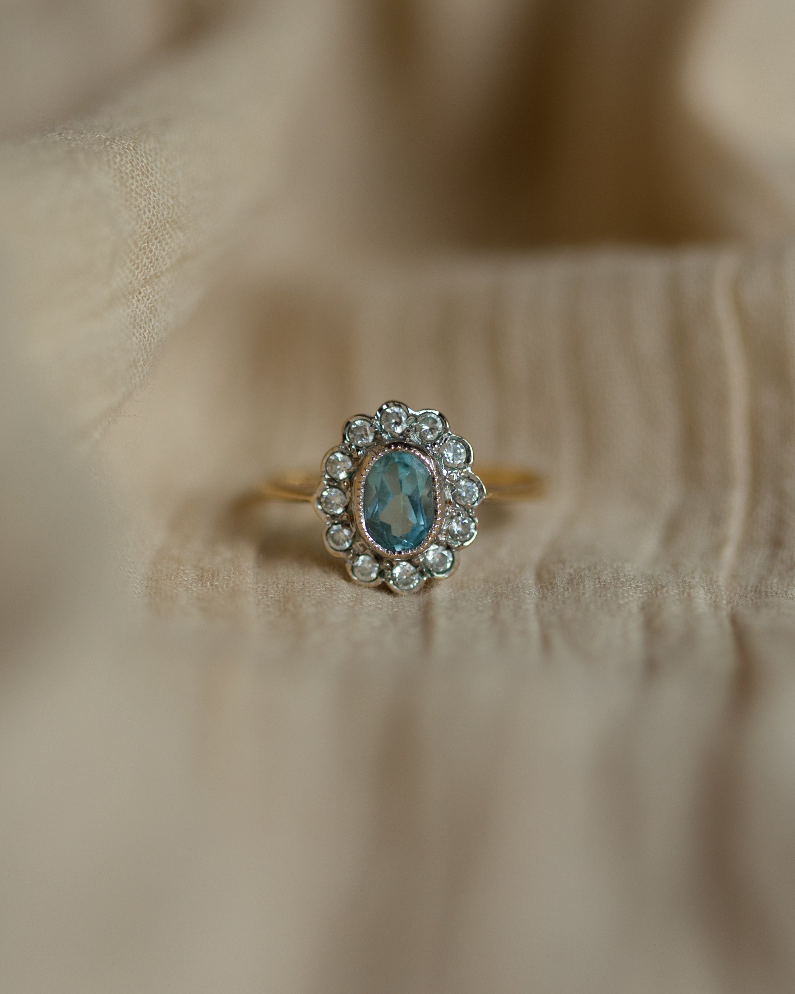 Claire 1992 Vintage 9ct Gold Blue Topaz & CZ Cluster Ring