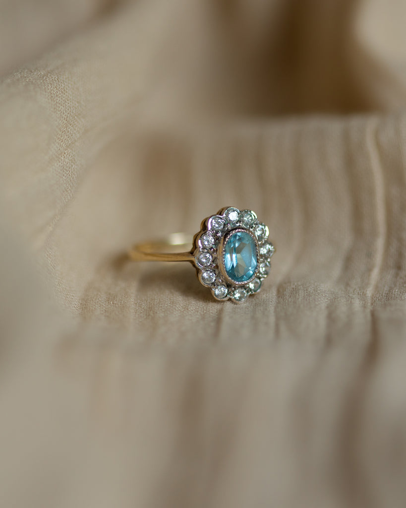 Claire 1992 Vintage 9ct Gold Blue Topaz & CZ Cluster Ring