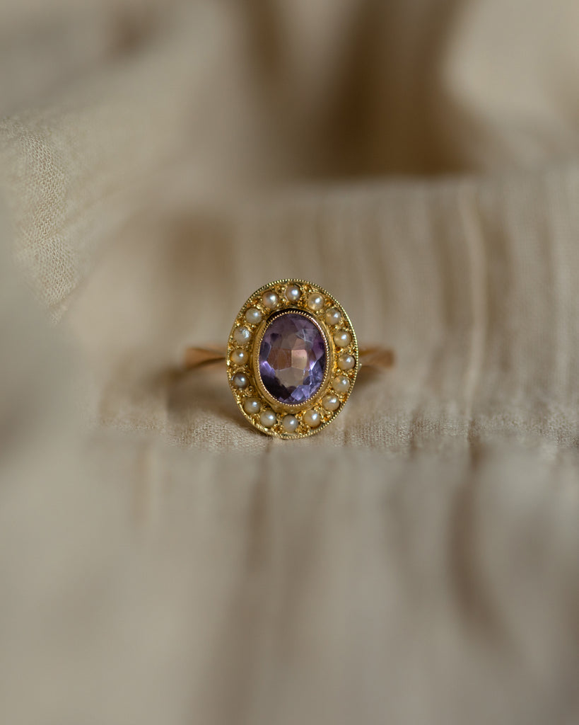 Marigold Antique 18ct Gold Amethyst & Pearl Cluster Ring