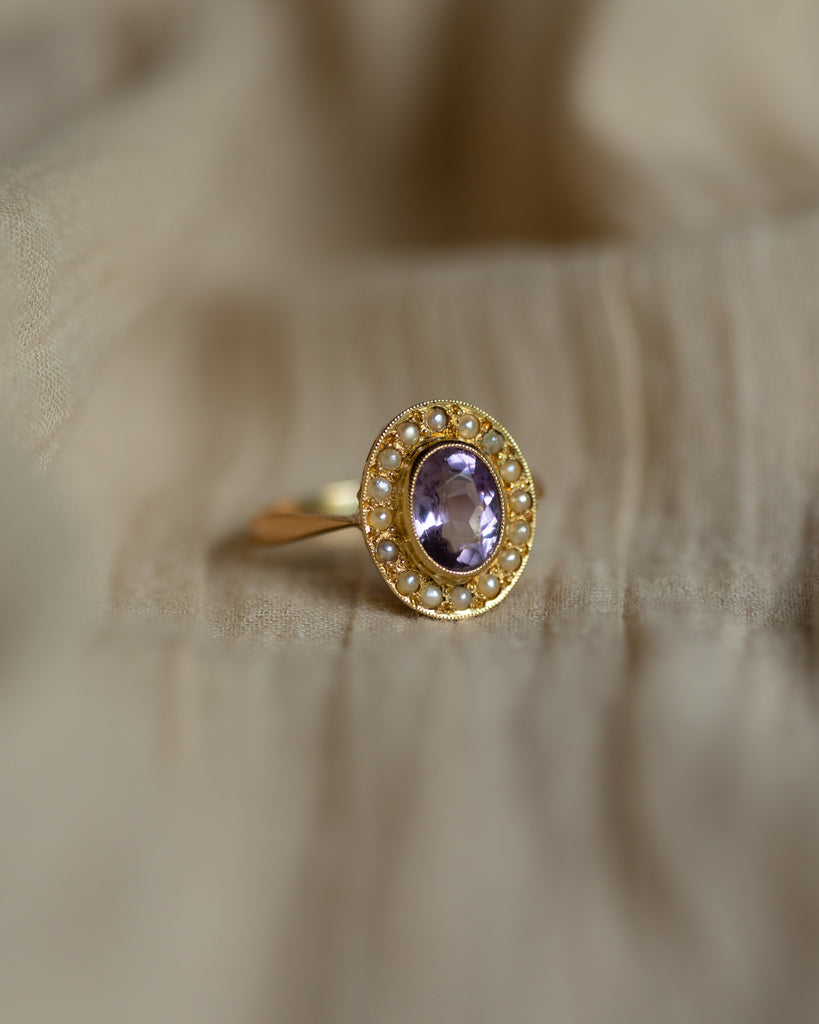 Marigold Antique 18ct Gold Amethyst & Pearl Cluster Ring