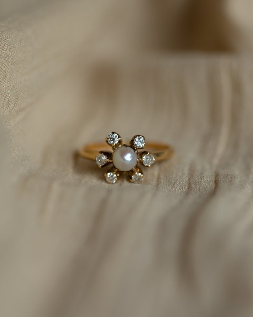 Eugenia Antique 18ct Gold Pearl & Diamond Starburst Cluster Ring