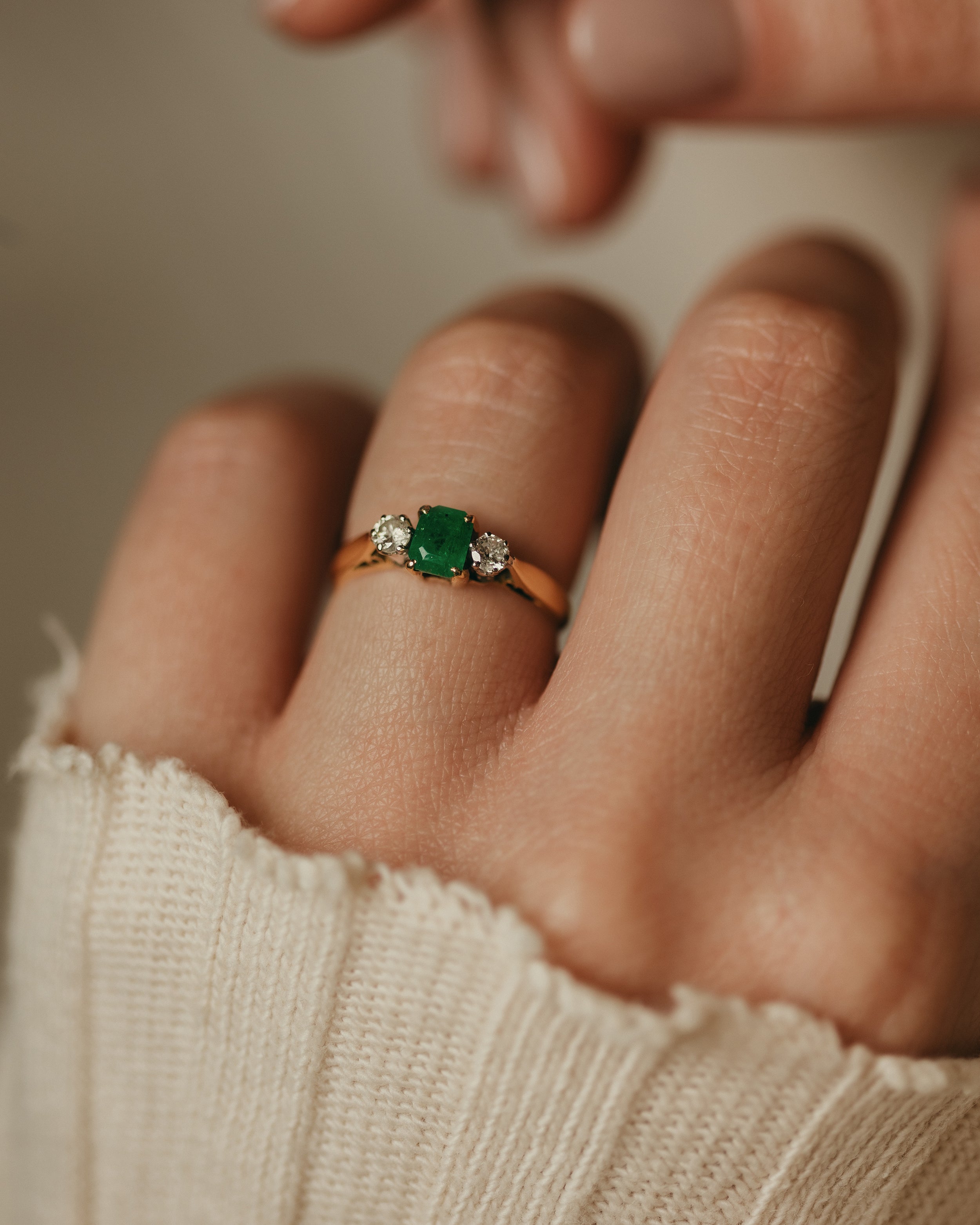 Image of Clarice 1977 Vintage 18ct Gold Emerald & Diamond Trilogy Ring