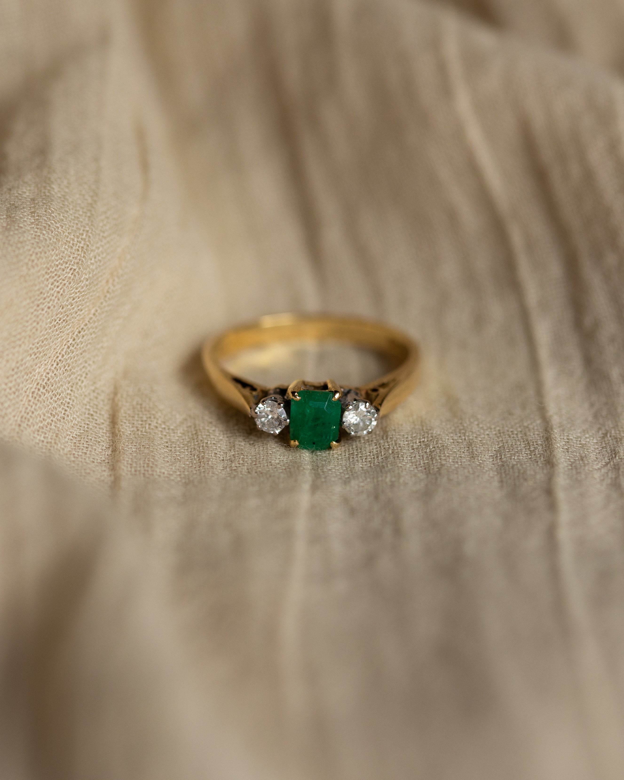 Clarice 1977 Vintage 18ct Gold Emerald & Diamond Trilogy Ring