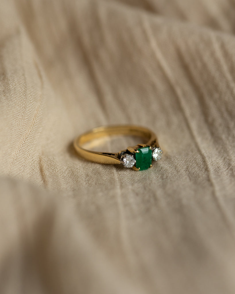 Clarice 1977 Vintage 18ct Gold Emerald & Diamond Trilogy Ring