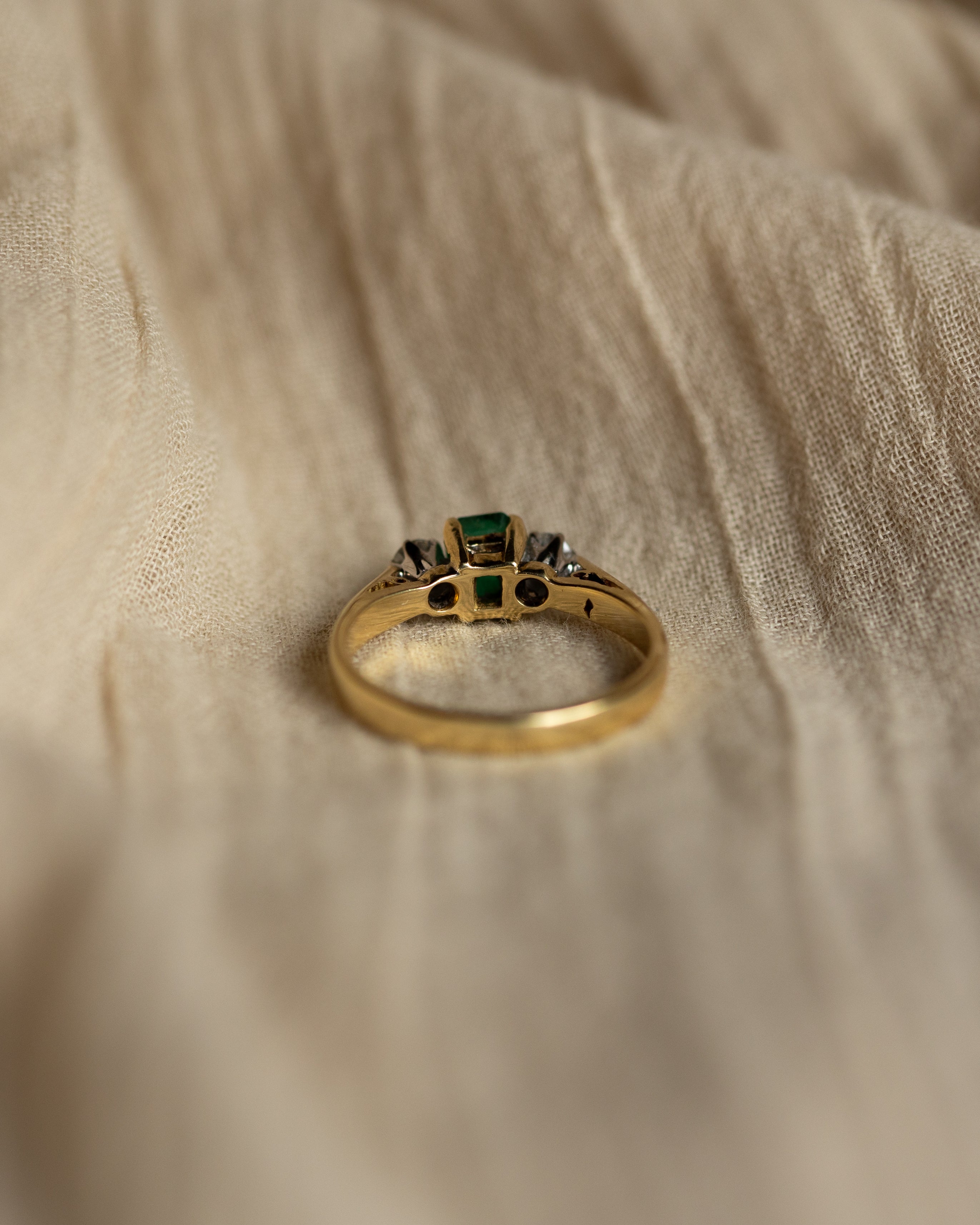 Clarice 1977 Vintage 18ct Gold Emerald & Diamond Trilogy Ring