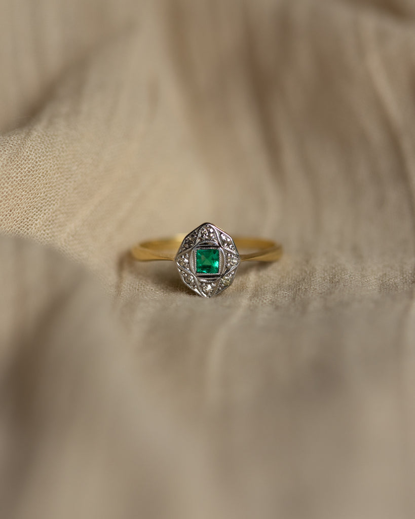 Elisabeth Antique Art Deco 18ct Gold Emerald & Diamond Panel Ring