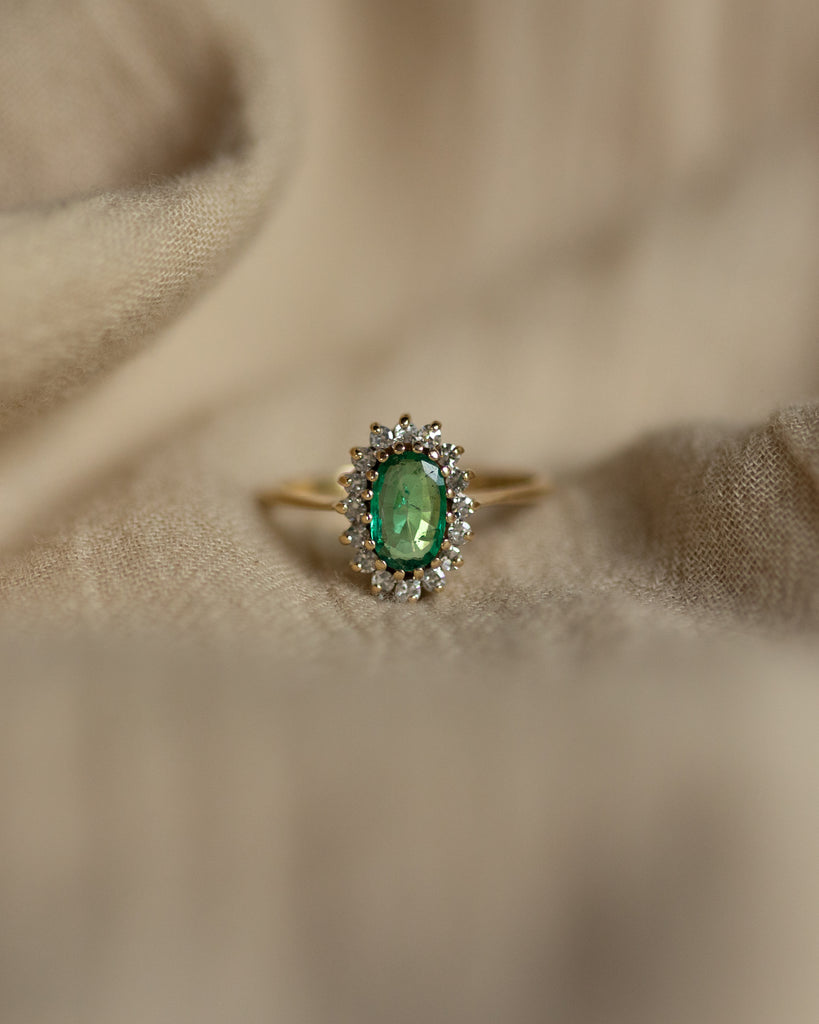 Oana 1987 Vintage 9ct Gold Emerald & Diamond Cluster Ring