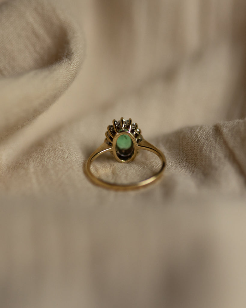 Oana 1987 Vintage 9ct Gold Emerald & Diamond Cluster Ring