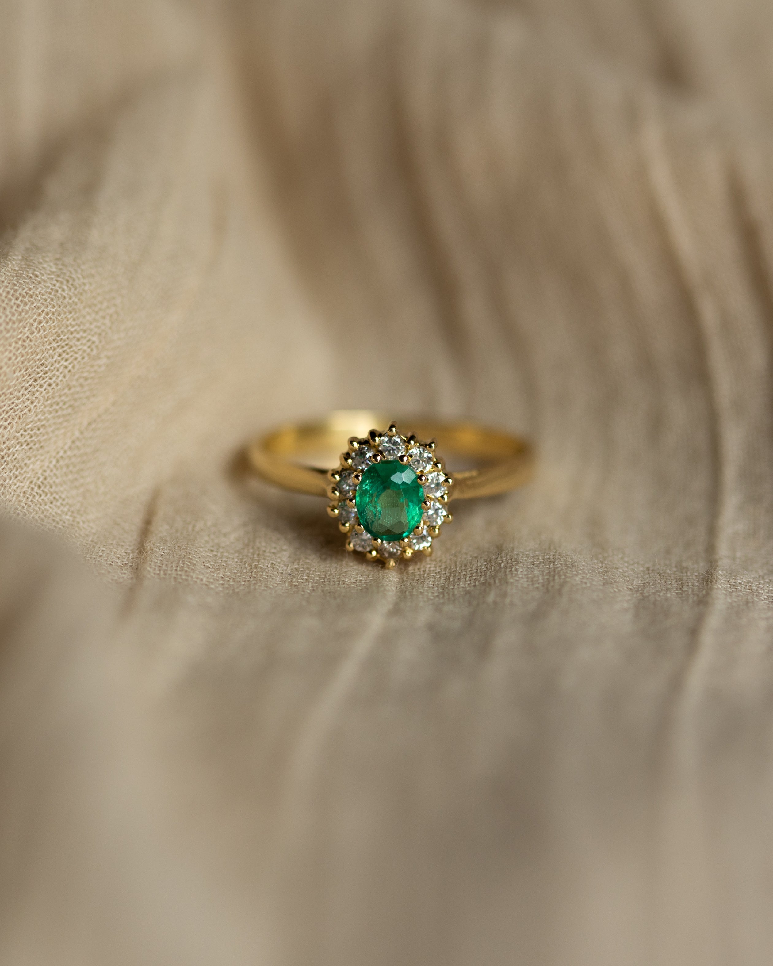 Image of Janette 1982 Vintage 18ct Gold Emerald & Diamond Cluster Ring