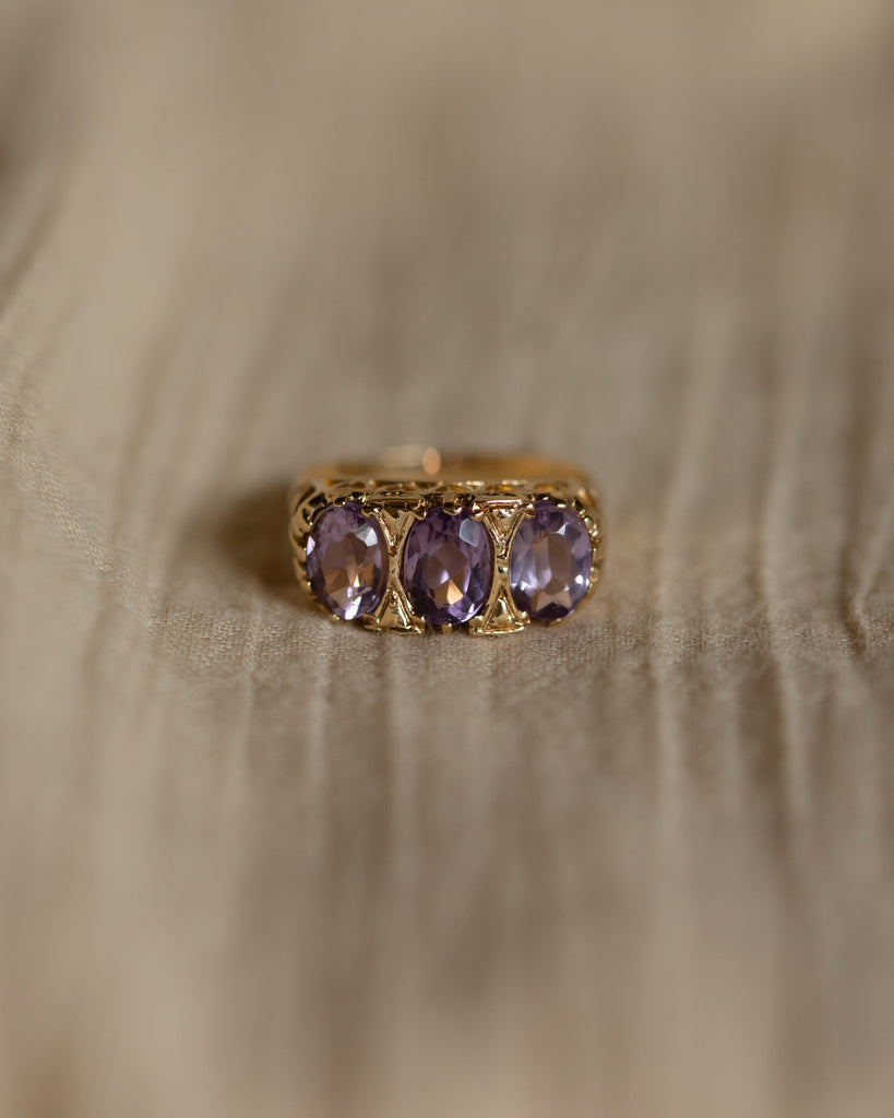 Madeline 1971 Vintage 9ct Gold Amethyst Trilogy Ring