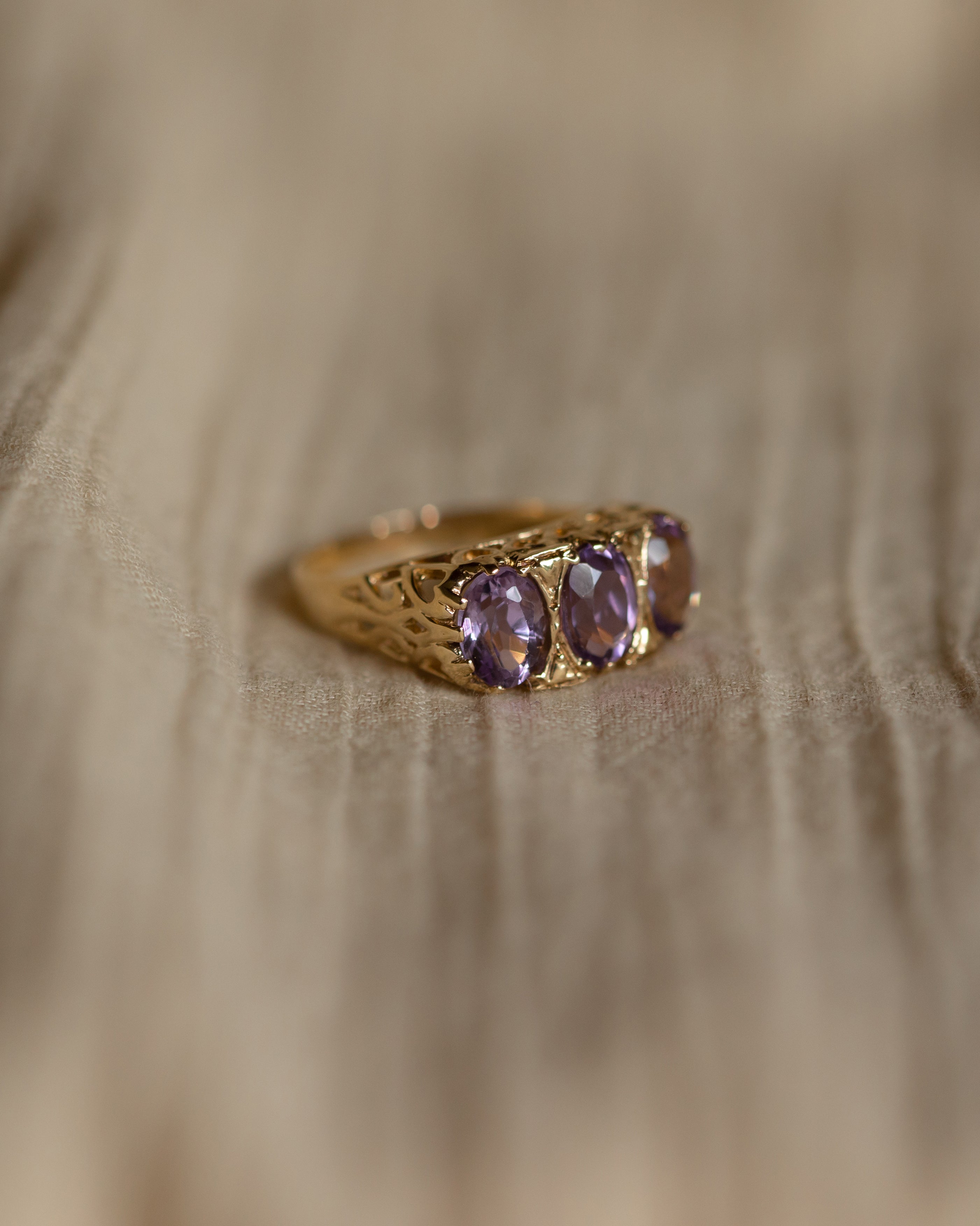 Madeline 1971 Vintage 9ct Gold Amethyst Trilogy Ring