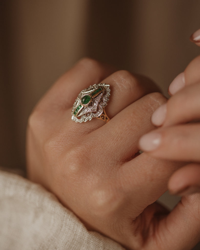 Marina Vintage 14ct Gold Emerald & Diamond Navette Ring