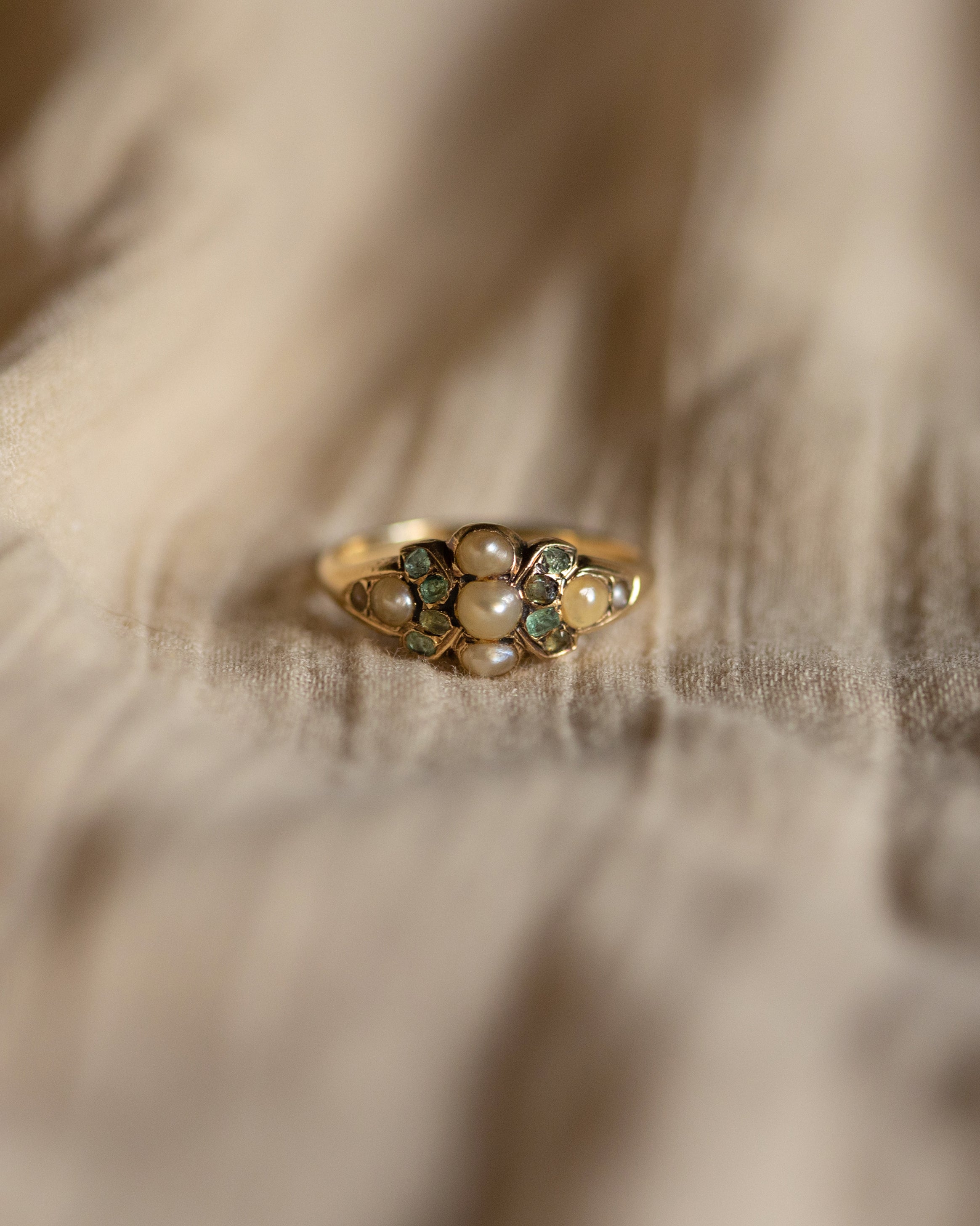 Myrtle Antique Victorian 9ct Gold Beryl & Pearl Cluster Ring