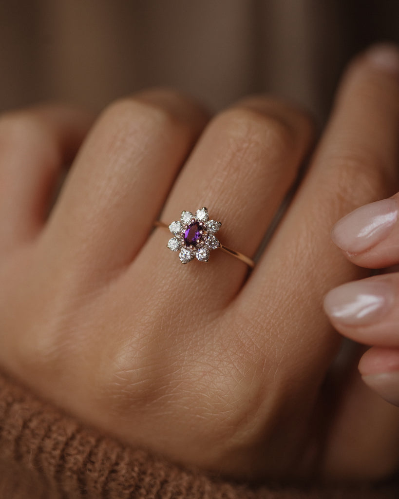 Vera Vintage 9ct Gold Amethyst & CZ Daisy Cluster Ring