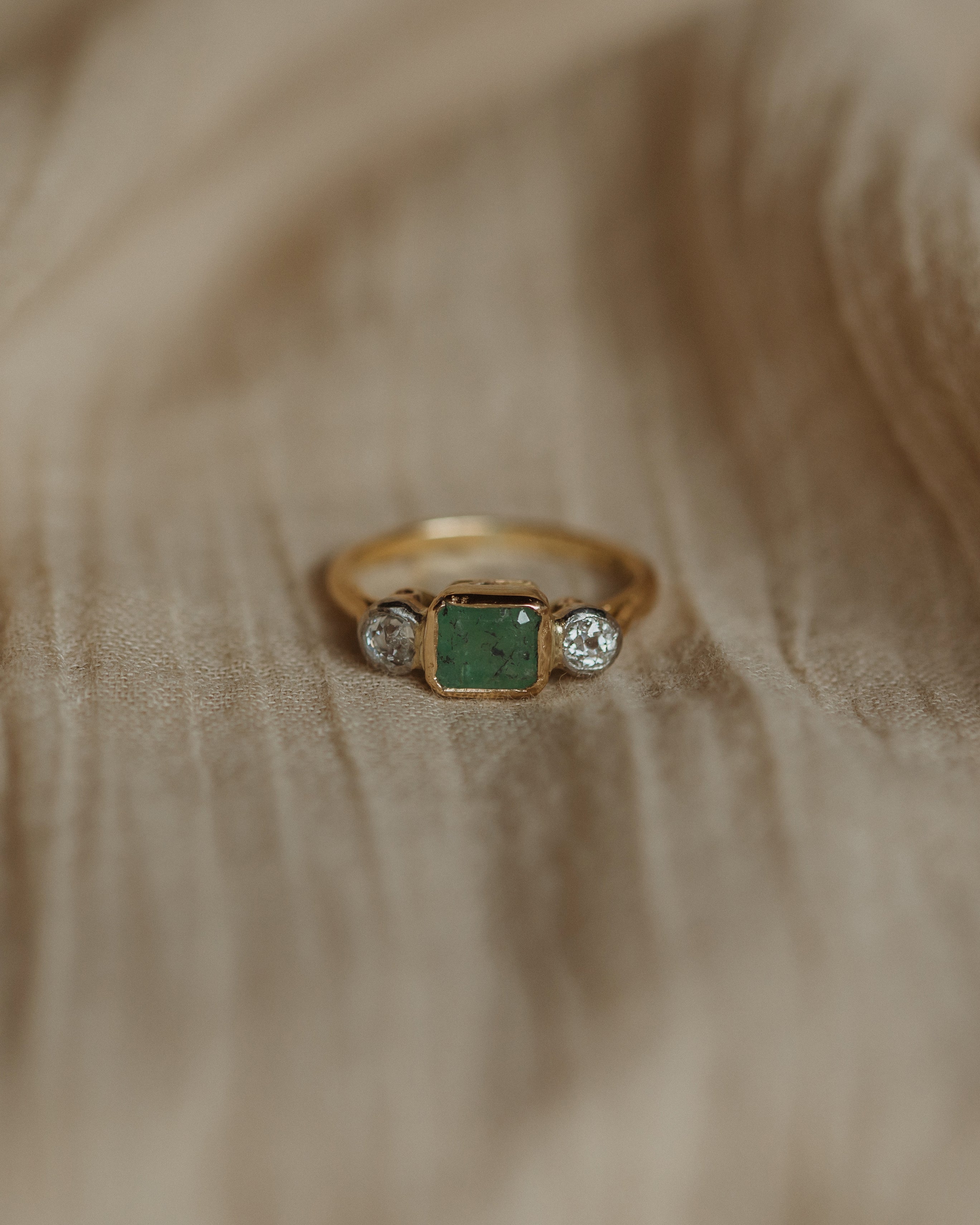 Image of Babette Vintage 18ct Gold Emerald & Diamond Trilogy Ring